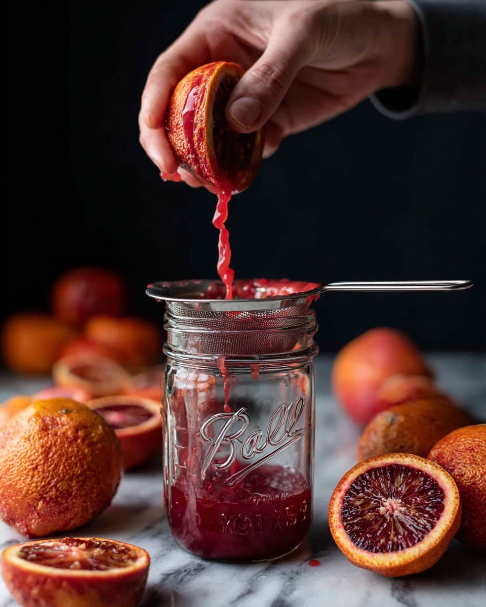 A woman's hand is squeezing a halved blood orange over a metal strainer that sits on top of a clear glass jar with the word