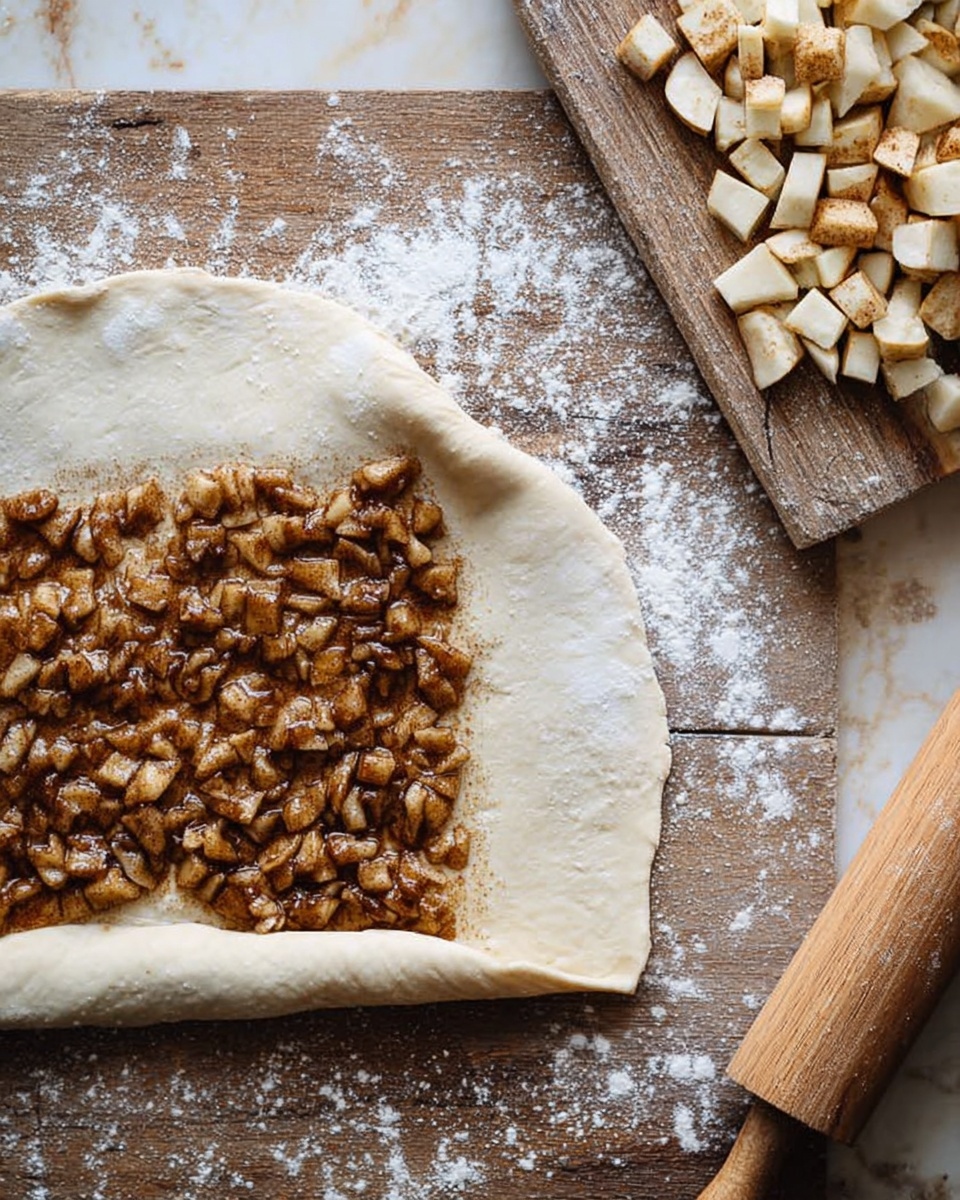 A half-folded dough sheet lies on a rustic wooden surface dusted with white flour, revealing a thick layer of small, shiny, dark brown cooked apple pieces mixed with cinnamon or spices spread evenly on the right side. The unrolled dough is pale beige with a soft, slightly wrinkled texture, while the cooked filling has a moist, chunky texture. To the right, a wooden board holds more diced apple pieces in light brown and cream colors, and a rolling pin dusted with flour rests close by. The scene suggests the early stage of making a filled pastry on a white marbled surface. photo taken with an iphone --ar 4:5 --v 7