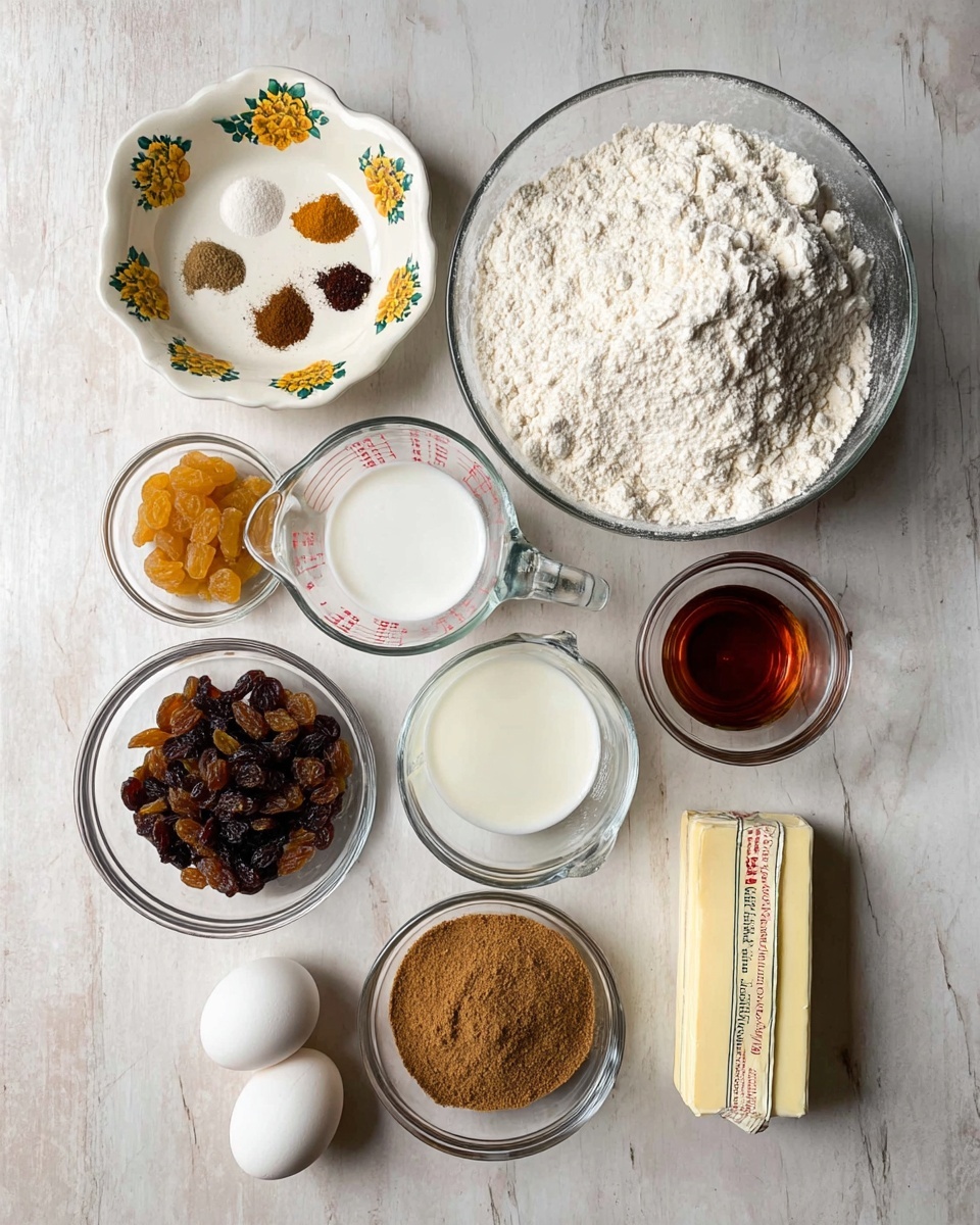 The image shows several bowls and containers with baking ingredients arranged on a white marbled surface. At the top right, there is a large glass bowl filled with white flour with small chunks of solid pieces mixed in. To the left, a white dish with yellow petal designs holds seven different spices in small piles, each with a unique brown, beige, or reddish hue. Below the spices, a clear glass bowl holds a mix of dark and golden raisins. In the middle, a glass measuring cup has a white liquid, likely milk, inside. Near the bottom left, a small clear bowl holds two white eggs. Below the eggs, a tiny glass container holds dry yeast. On the bottom right, a glass bowl is filled with brown sugar. Above the brown sugar, a small clear container holds a dark amber liquid, possibly vanilla extract. To the right side of the image, a stick of unsalted butter in its yellow wrapper rests directly on the white marbled surface. The overall look is clean and organized with soft, natural lighting highlighting the textures. Photo taken with an iphone --ar 4:5 --v 7