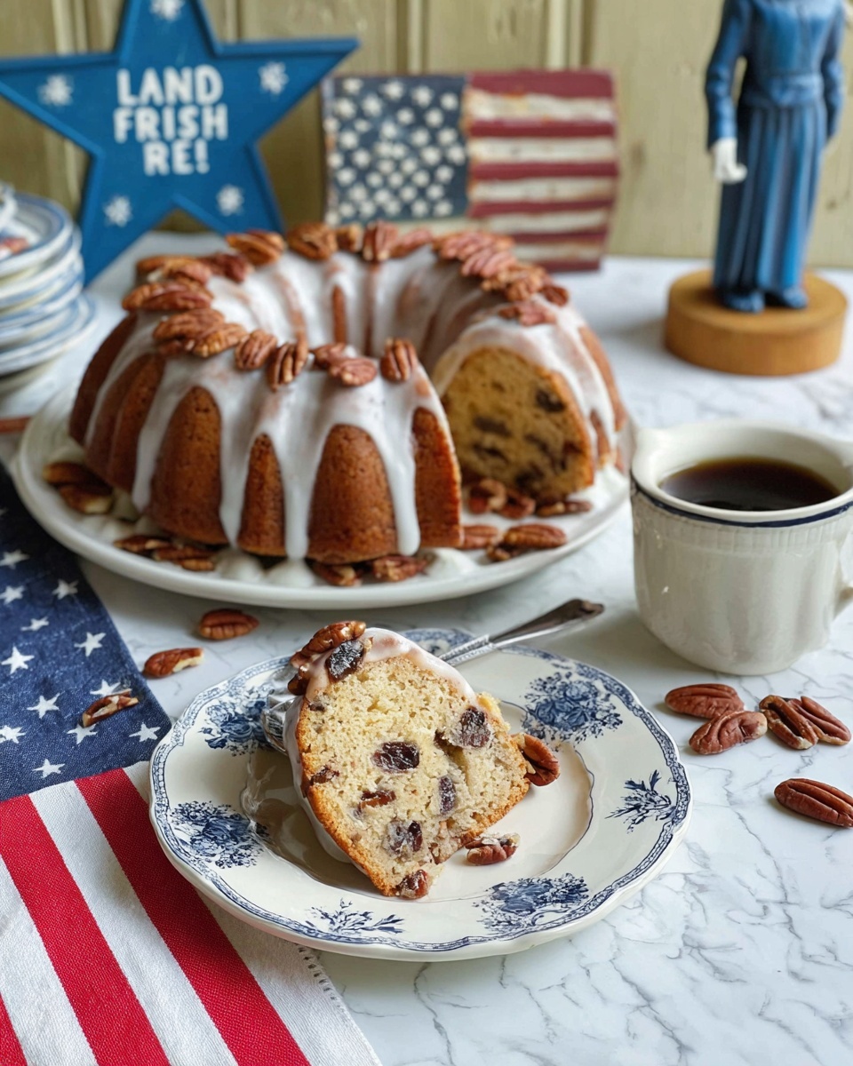 The image shows a bundt cake with white glaze dripping down its curved outer layers, each topped with a pecan half, sitting on a white plate surrounded by more pecans. One slice is cut from the cake, revealing a light yellow interior studded with dark dried fruit and drizzled with more glaze. This slice is placed on a small white plate, which rests on a larger white plate decorated with blue floral patterns. A cup of black coffee in a white cup and saucer is placed to the right, and an American flag-patterned cloth and a folded American flag are underneath the plates on a white marbled surface. In the background, a blue wooden figure and a black star-shaped sign with