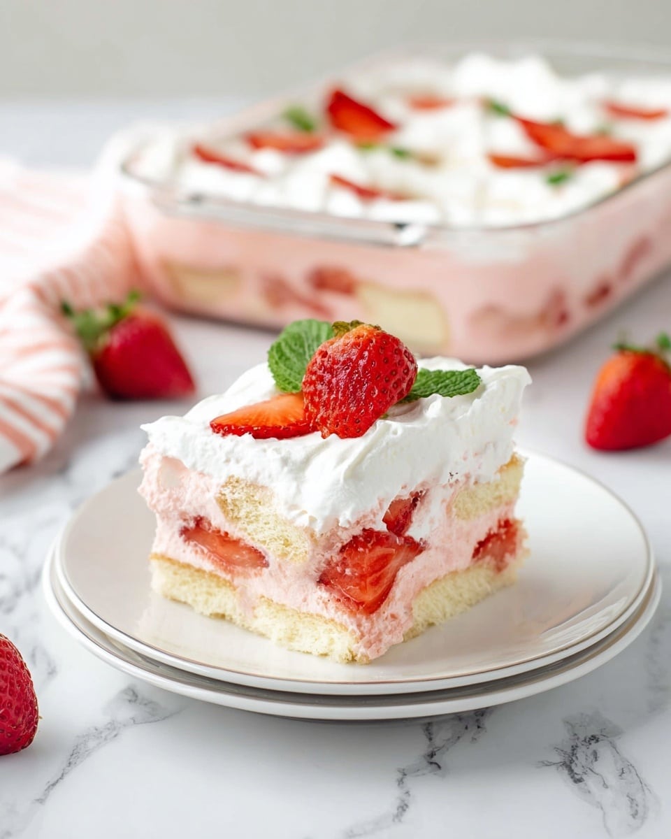 A three-layer dessert on a white plate sits on a white marbled surface. The bottom layer consists of light beige cake pieces. The middle layer is a pink, creamy filling with sliced red strawberries embedded inside. The top layer is white whipped cream, smooth and fluffy, with a half strawberry and a small green mint leaf placed on top. In the background, more of the dessert is visible in a glass dish with a white marbled surface underneath. A few whole strawberries and mint leaves are scattered nearby. Photo taken with an iphone --ar 4:5 --v 7