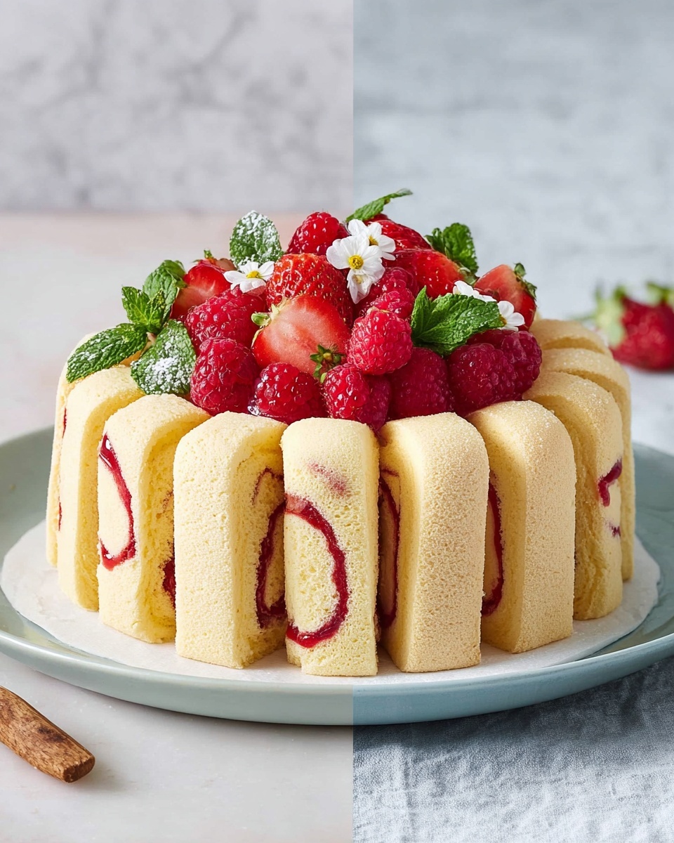 The first dessert is a dome-shaped cake made of rolled sponge cake slices with a light yellow color and red jam swirled inside, arranged in two visible layers with the spirals facing outward. On top, there are bright red raspberries and green mint leaves adding a fresh touch. The cake sits on a white plate with a soft blue tint edge, and the background is a white marbled texture. The second dessert is a round cake surrounded on the outside with vertical ladyfinger biscuits that are light beige with a sugar coating. Inside, the cake is topped with large, bright red strawberries arranged upright, with green mint leaves and small white edible flowers placed in between for decoration. The cake is placed on white parchment paper with a white marbled textured background. photo taken with an iphone --ar 4:5 --v 7