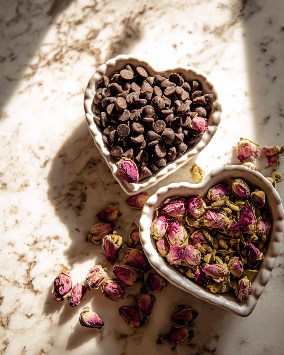 The image shows two white heart-shaped bowls on a white marbled surface. The top bowl is filled with many small, dark brown chocolate chips, with a few dried pink rose buds scattered on top and around the bowl. The bottom bowl is filled with a layer of dried pink rose buds and greenish dried flower stems, creating a colorful, textured mix. Light hits the bowls, casting soft shadows and giving a warm glow to the chocolate and flowers. Photo taken with an iphone --ar 4:5 --v 7