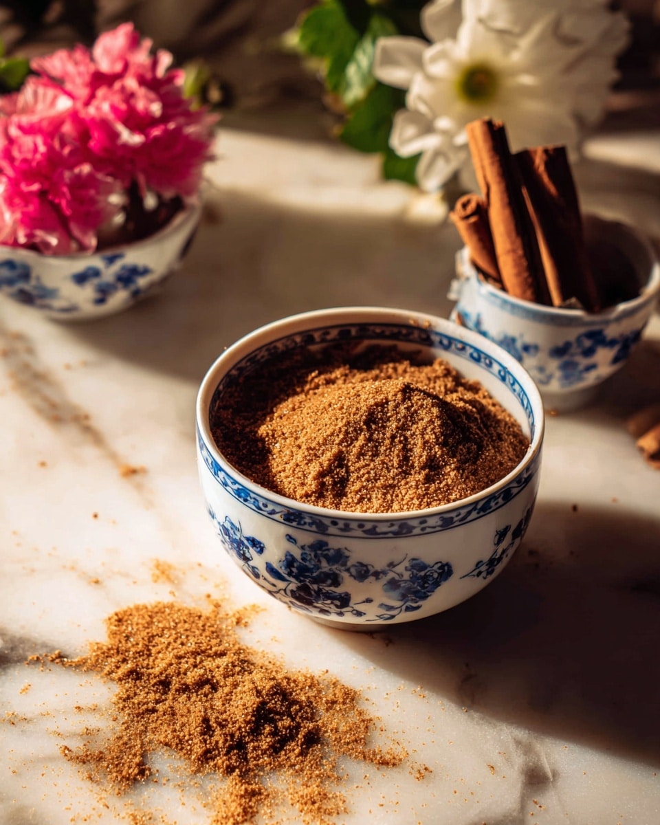 The image shows a white bowl with blue floral designs filled with a brown, fine crumbly powder, some spilling over the edge onto a white marbled surface. To the right, another white bowl with similar blue patterns holds a bundle of cinnamon sticks. In the background, a small white bowl with the same blue floral pattern contains pink flowers with green leaves, and a blurred white flower is visible further back. The lighting is warm, casting soft shadows and highlighting the textures of the crumbs and cinnamon sticks. Photo taken with an iphone --ar 4:5 --v 7