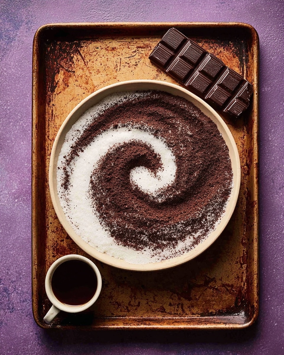 A white bowl placed in the center of a rusty, old baking tray holds two main layers of fine powders arranged in a spiral pattern: a dark brown cocoa powder outer layer and a white sugar inner layer, both textured and dry, creating a swirl effect. Resting on the top right edge of the tray is a dark brown chocolate bar with visible square segments. Near the bottom left corner of the tray, there is a small white cup filled with dark brown liquid, likely vanilla extract or coffee, all set against a purple surface. photo taken with an iphone --ar 4:5 --v 7