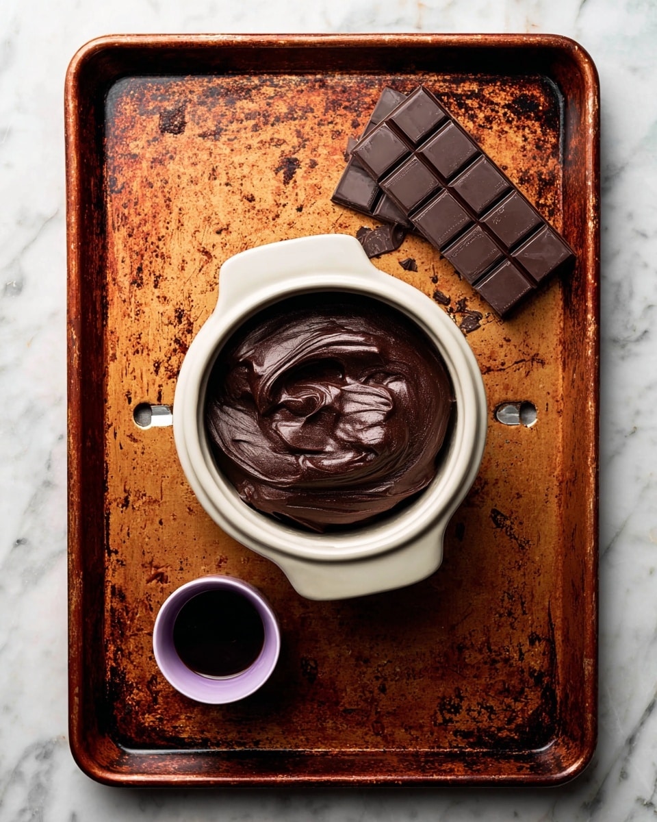 A white container filled with smooth, thick dark chocolate spread is placed in the center of a rusty, well-used baking tray that has a rich mix of dark brown and burnt orange textures. In the top right corner of the tray, a dark chocolate bar with visible square segments rests slightly tilted. At the bottom left corner of the tray, there is a small white cup with some dark liquid inside. The entire setup is on a white marbled surface. Photo taken with an iphone --ar 4:5 --v 7
