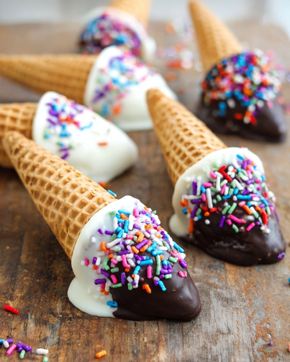 The image shows several ice cream cones placed upside down on a baking tray lined with parchment paper, set on a white marbled surface. Each cone has a light brown, crisp waffle texture and is dipped at the open end in white coating that has a smooth, glossy finish. Around the white coating, there are colorful round and stick-shaped sprinkles in pink, orange, green, purple, and white, adding bright pops of color near the base of the cone. The cones are arranged in a line, with some cones blurred in the background, creating a sense of depth. Photo taken with an iphone --ar 4:5 --v 7