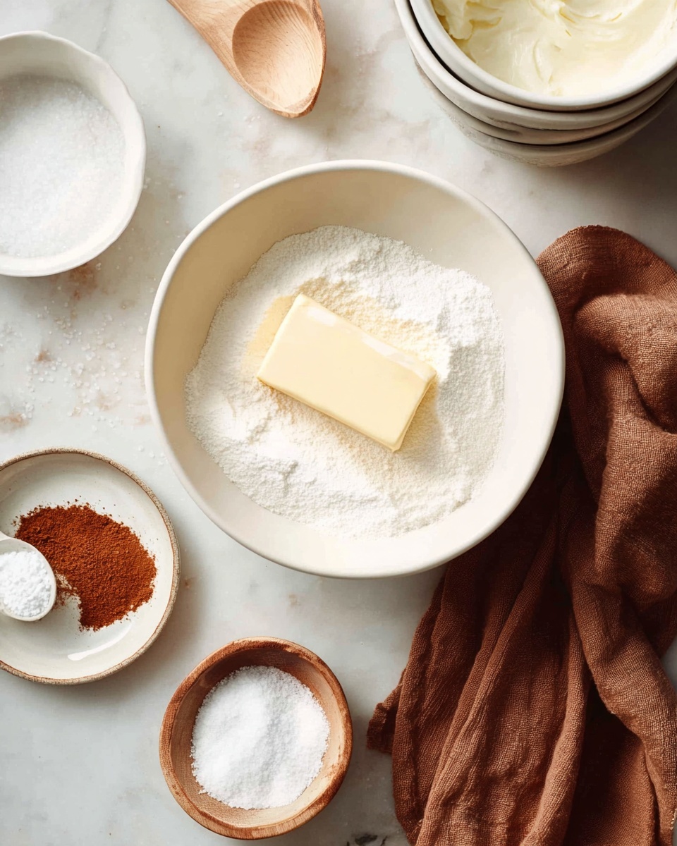 In the center, there is a white mixing bowl containing a mound of white sugar topped with a block of pale yellow butter. Around it, on a white marbled surface, there is a small white plate with a spoon filled with brown cinnamon powder, a bowl with white flour, and two small wooden bowls, one with coarse salt and the other filled with thick white cream. To the right, a soft brown cloth is casually placed next to a set of white mixing bowls. photo taken with an iphone --ar 4:5 --v 7