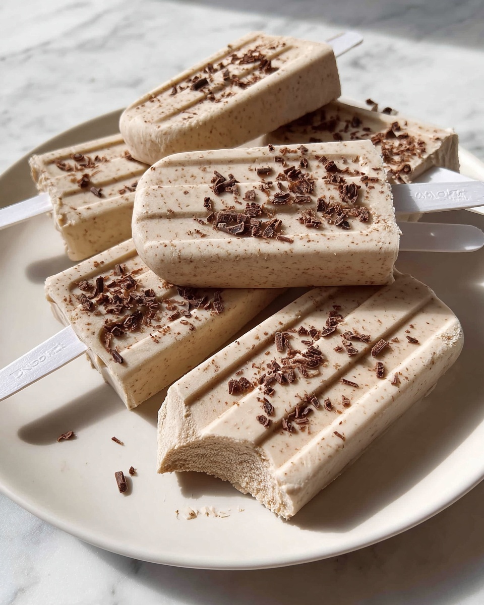 There are six light brown ice cream pops arranged on a white plate with white plastic sticks. Each pop is sprinkled with small dark brown chocolate pieces, adding texture to the smooth ice cream surface. One pop in the front shows a bite taken out, revealing the creamy inside. The plate stands on a white marbled surface, and the light highlights the pops’ soft and cool texture. photo taken with an iphone --ar 4:5 --v 7