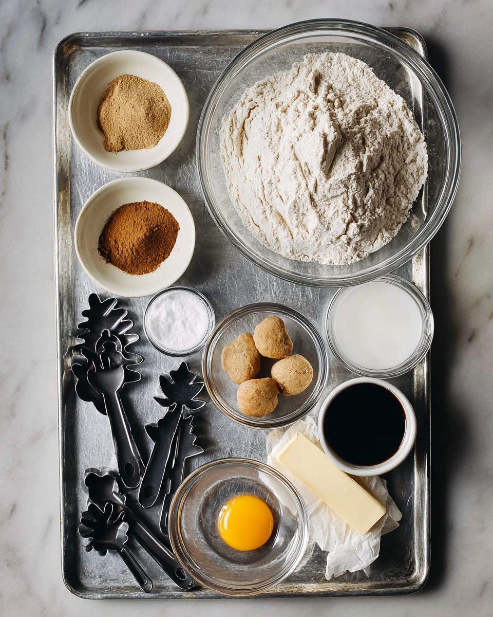 A metal tray with a white marbled background holds baking ingredients and tools arranged neatly. There is a large clear glass bowl filled with a mound of white flour with a textured surface toward the top right. Around it, on the left side, is a white bowl with three different ground spices in brown, beige, and dark brown colors. Below that is a small clear bowl with white liquid. Scattered near the bottom left are black measuring spoons of different sizes along with some metal cookie cutters in leaf shapes. Toward the center bottom, a clear bowl contains three scoops of light brown sugar. A small clear bowl near the center has a bright yellow egg yolk. To the right, a white bowl holds a dark liquid, and next to it on the right edge is a stick of butter partially wrapped in white paper. The scene is softly lit, emphasizing the textures of each layer. Photo taken with an iphone --ar 4:5 --v 7