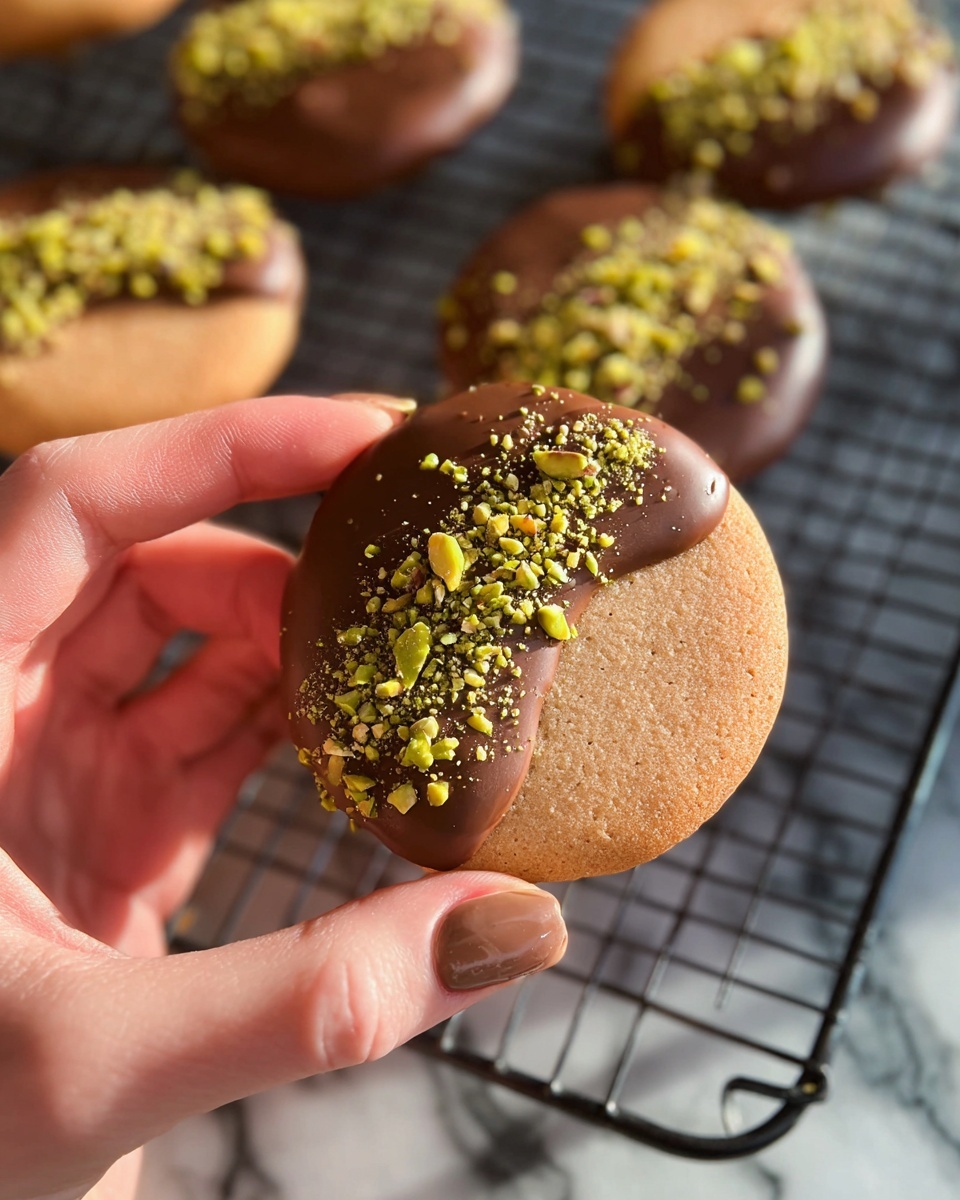 A close-up view of a round light brown cookie with a smooth texture, half dipped in shiny milk chocolate, and sprinkled with crushed green pistachios on top. The cookie is held delicately by a woman's hand with polished nails. In the background, similar cookies covered half in milk chocolate and pistachio bits rest on a black cooling rack over a white marbled surface. Photo taken with an iphone --ar 4:5 --v 7