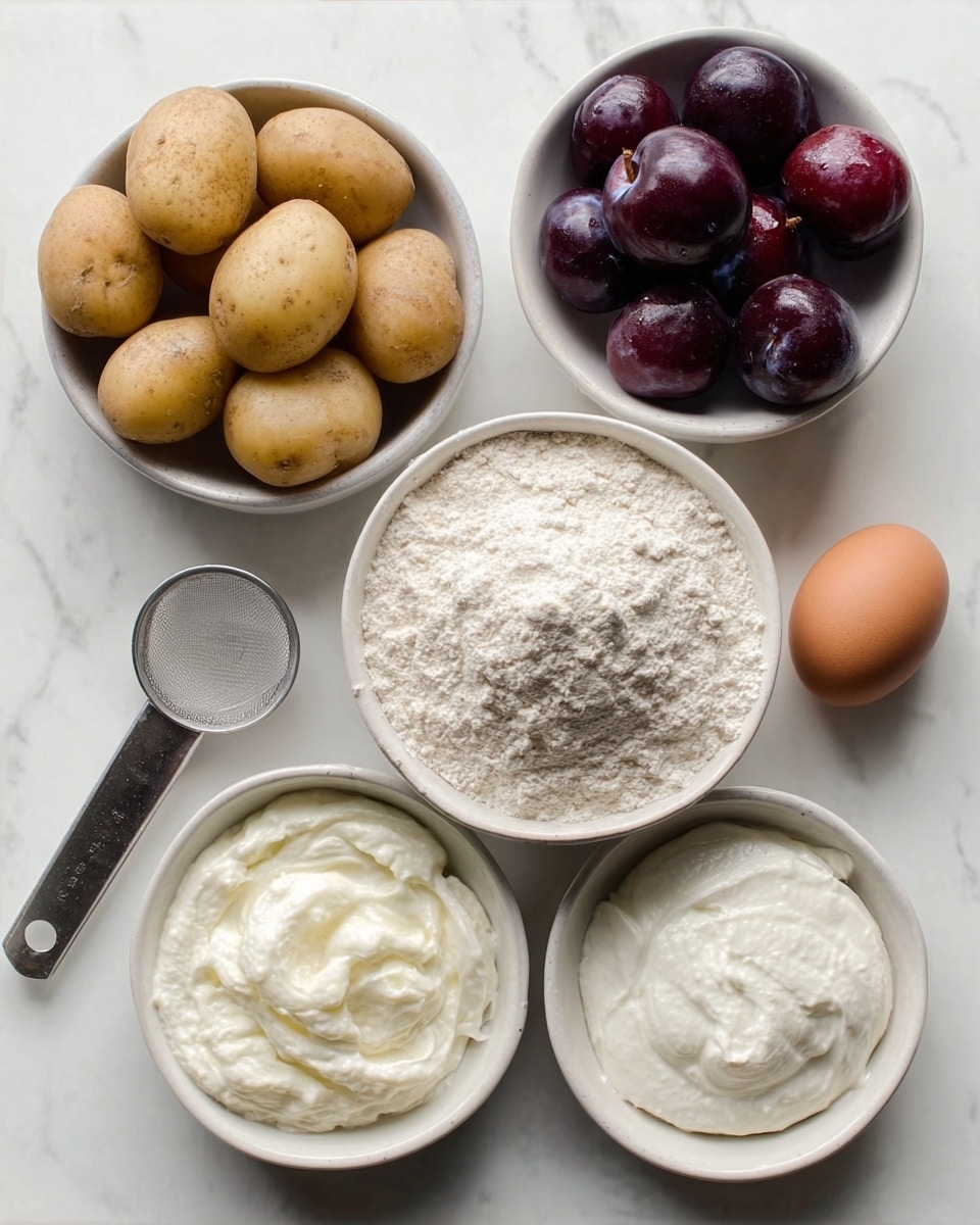 The image shows five white bowls and one egg arranged on a white marbled surface. One bowl contains light brown potatoes, another bowl is filled with dark red plums with smooth skin, and a third bowl holds white flour with a powdery texture. A separate bowl has a dollop of thick white cream or yogurt, and the raw brown egg is placed next to the bowls. A metal measuring spoon is also visible near the egg. photo taken with an iphone --ar 4:5 --v 7