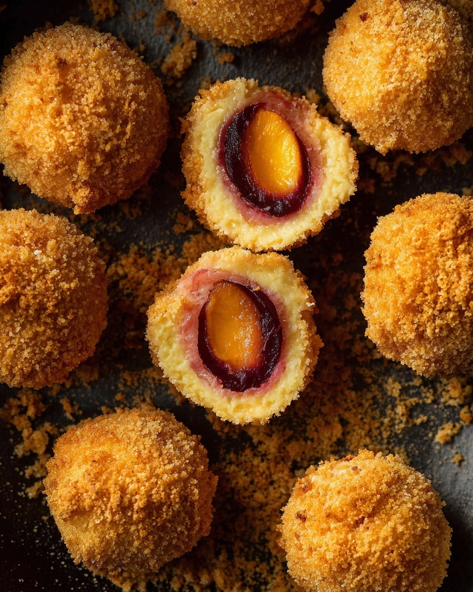 A close-up view shows round golden brown balls with a crunchy crumb coating, arranged on a dark pan sprinkled with extra crumbs. One ball is cut open to reveal a soft yellow dough layer surrounding a dark red plum with a bright orange center, showing the fruit inside. The rough crumbs and smooth fruit contrast with the soft dough layer. photo taken with an iphone --ar 4:5 --v 7