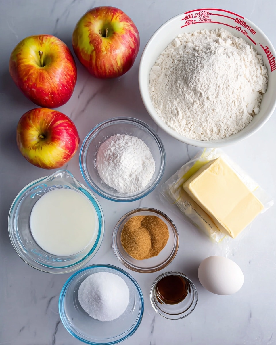 The image shows baking ingredients arranged neatly on a white marbled surface. There are two apples with red and yellow skin at the bottom left. Above them, a clear glass bowl filled with white sugar is placed next to a larger white bowl full of white flour. Behind these, there is a clear measuring cup with milk, showing red measurement markings. In the lower right area, smaller clear bowls hold brown sugar and white salt, with a stick of unsalted butter in yellow packaging nearby. A whole white egg and a small glass cup with a dark liquid, likely vanilla, complete the setup. All items are placed with clear visibility and good lighting, photo taken with an iphone --ar 4:5 --v 7
