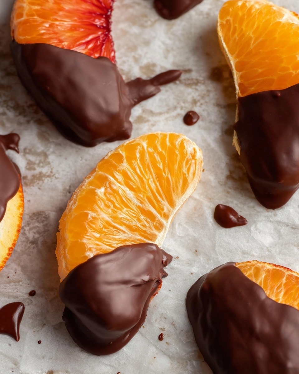 The image shows several orange and blood orange segments that are partially covered in a smooth layer of dark chocolate. Each fruit segment has a bright, juicy orange color at one end that transitions into a glossy, thick dark brown chocolate coating on the other end. The segments rest on a white marbled textured surface with small drops and drips of chocolate scattered around. The orange sections show natural texture and shine, while the chocolate areas have a matte finish with slight curves where the coating thickens. Photo taken with an iphone --ar 4:5 --v 7