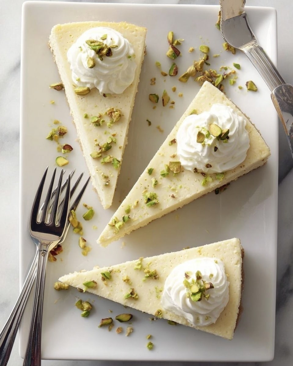 Three slices of pale cream cheesecake with a smooth texture are arranged on a white square plate atop a white marbled surface. Each slice is topped with a dollop of white whipped cream in the center and sprinkled with small green pistachio pieces scattered on top and around the slices. Two forks rest beside the plate on the surface. Photo taken with an iphone --ar 4:5 --v 7