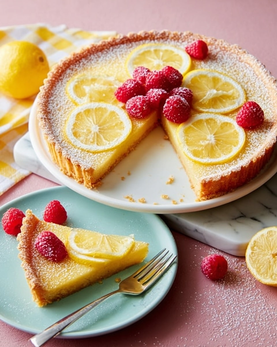 A lemon tart is shown on a white plate with a crumbly golden crust forming the base and sides. The tart is topped with several bright yellow lemon slices arranged in a neat layer covering most of the surface, along with a few red raspberries scattered on top for contrast. Powdered sugar is lightly sprinkled over the entire tart, creating a soft white dusting. One slice has been removed and is placed on a pale blue plate next to a lemon wedge, with a silver fork resting on the plate. The background features a soft pink surface and a white marbled texture with a yellow checkered cloth partly showing. Photo taken with an iphone --ar 4:5 --v 7