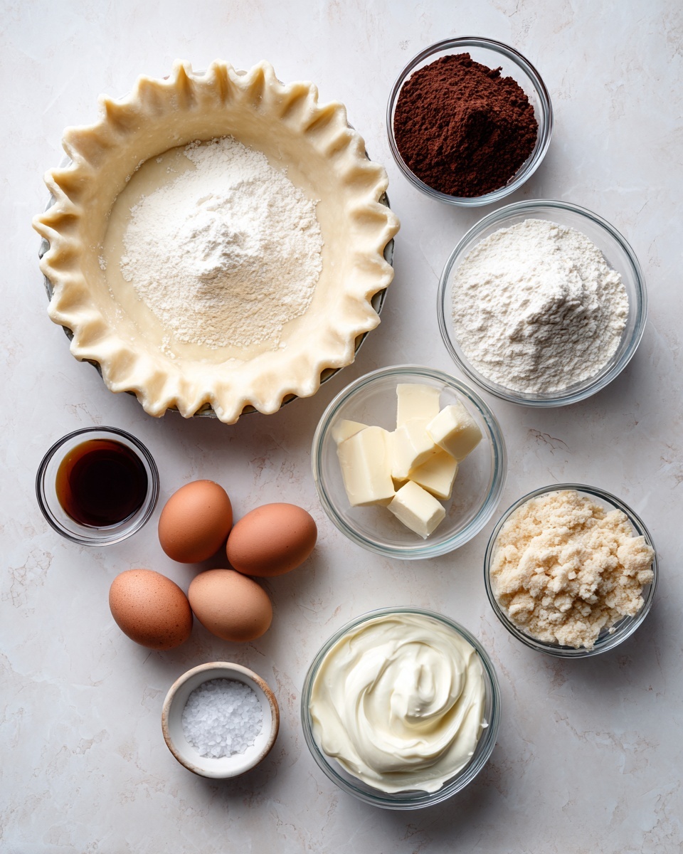 A white pie crust with crimped edges sits on the left side on a white marbled surface. To the right are nine clear glass bowls arranged loosely: at the top center a bowl with cream, below it a bowl with white powder, next a bowl with dark cocoa powder, and to the right a small bowl with dark brown liquid. At the center bottom, a bowl with three brown eggs, to its right a bowl with light brown crumbly sugar, below it a bowl with a stick of butter, and to the far right a bowl with soft white cream. Near the bottom left corner is a tiny bowl with salt. All bowls are clear glass, showing the textures and colors clearly. Photo taken with an iphone --ar 4:5 --v 7