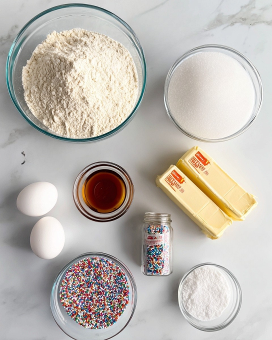 Sprinkle Sugar Cookies Recipe 5 The image shows several ingredients arranged neatly on a white marbled surface. There is a large clear glass bowl filled with pale off-white all-purpose flour at the top left. To the right, a smaller clear glass bowl holds white granulated sugar. Below these, two rectangular sticks of salted butter with yellow packaging lay side by side. Next to the butter is a small clear glass cup containing a dark amber liquid labeled as vanilla. To the bottom left, two white eggs rest on the surface. Near the eggs, a transparent bottle of colorful sprinkles stands upright. In the center bottom area, a tiny clear glass bowl holds baking powder and salt, while another similar bowl nearby contains baking soda. Everything is clean and well organized. Photo taken with an iphone --ar 4:5 --v 7