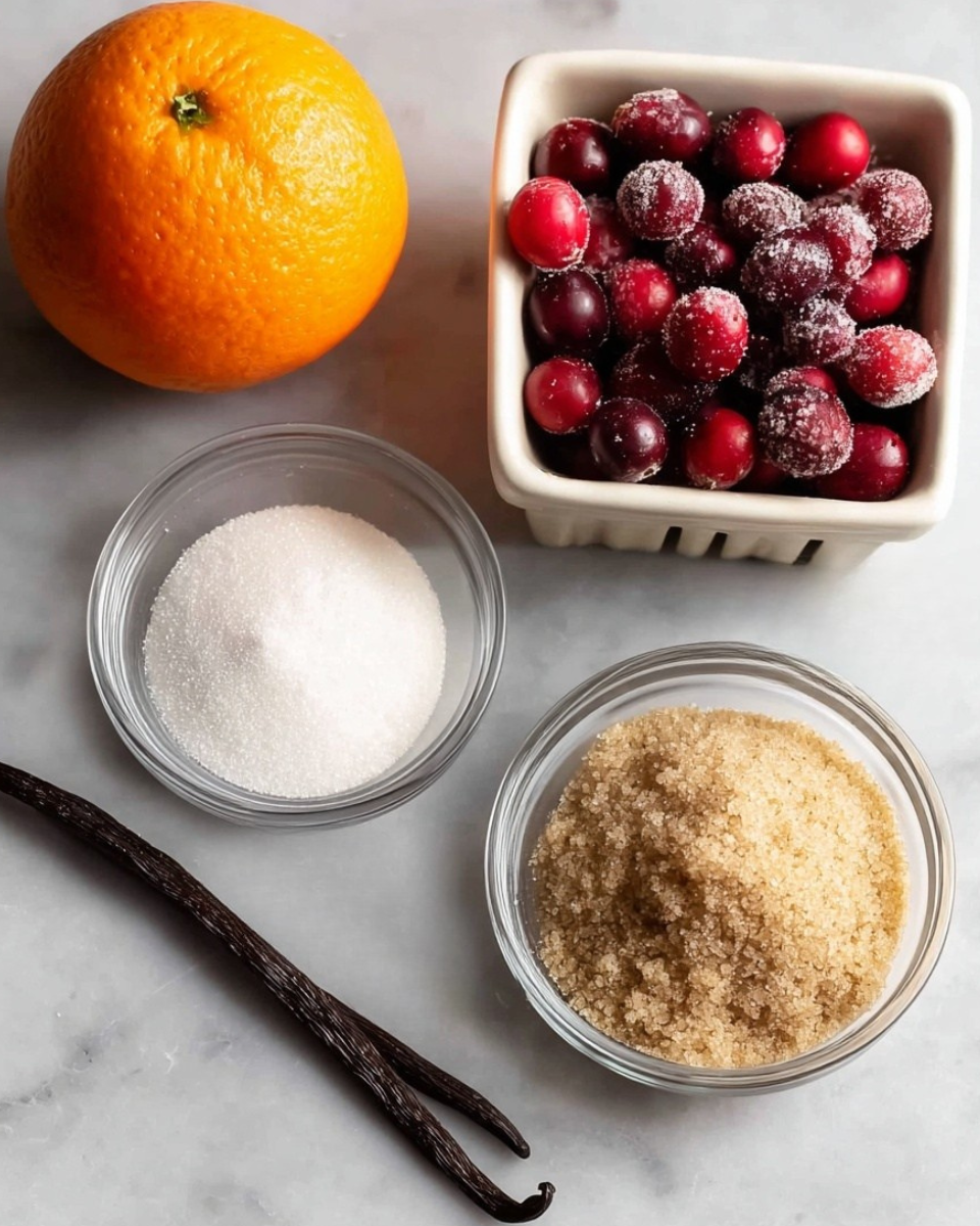 The image shows five ingredients arranged on a white marbled surface. On the top left, there is a whole bright orange with a slightly textured skin. To its right, a white square ceramic basket holds small round cranberries that are red and purplish in color. Below the orange, there is a small clear glass bowl filled with fine white sugar. Next to the bowl of white sugar, a long dark brown vanilla bean lies flat on the surface. To the right of the vanilla bean, another clear glass bowl contains clumped, light brown sugar with a slightly grainy texture. photo taken with an iphone --ar 4:5 --v 7