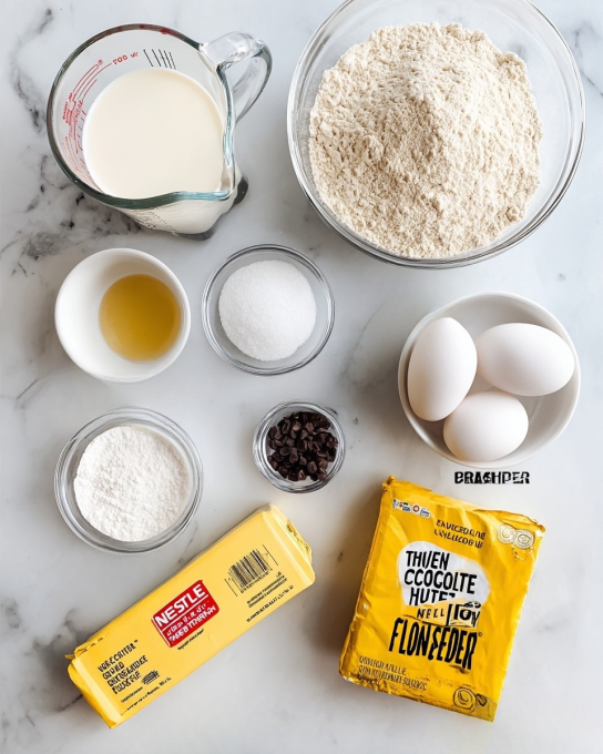 The image shows clear layers of ingredients on a white marbled surface. At the top left, there is a rectangular block of pale yellow butter. Below and to the right is a small white bowl filled with many dark brown chocolate chips. Below this bowl is a line of round golden brown crackers, stacked in a slightly curved line going down to the right. At the bottom left, there is another small white bowl filled with light brown crushed crumbs. More round golden brown crackers are spread loosely to the right of the crumb bowl. The scene is brightly lit and clear, with simple clean colors. photo taken with an iphone --ar 4:5 --v 7
