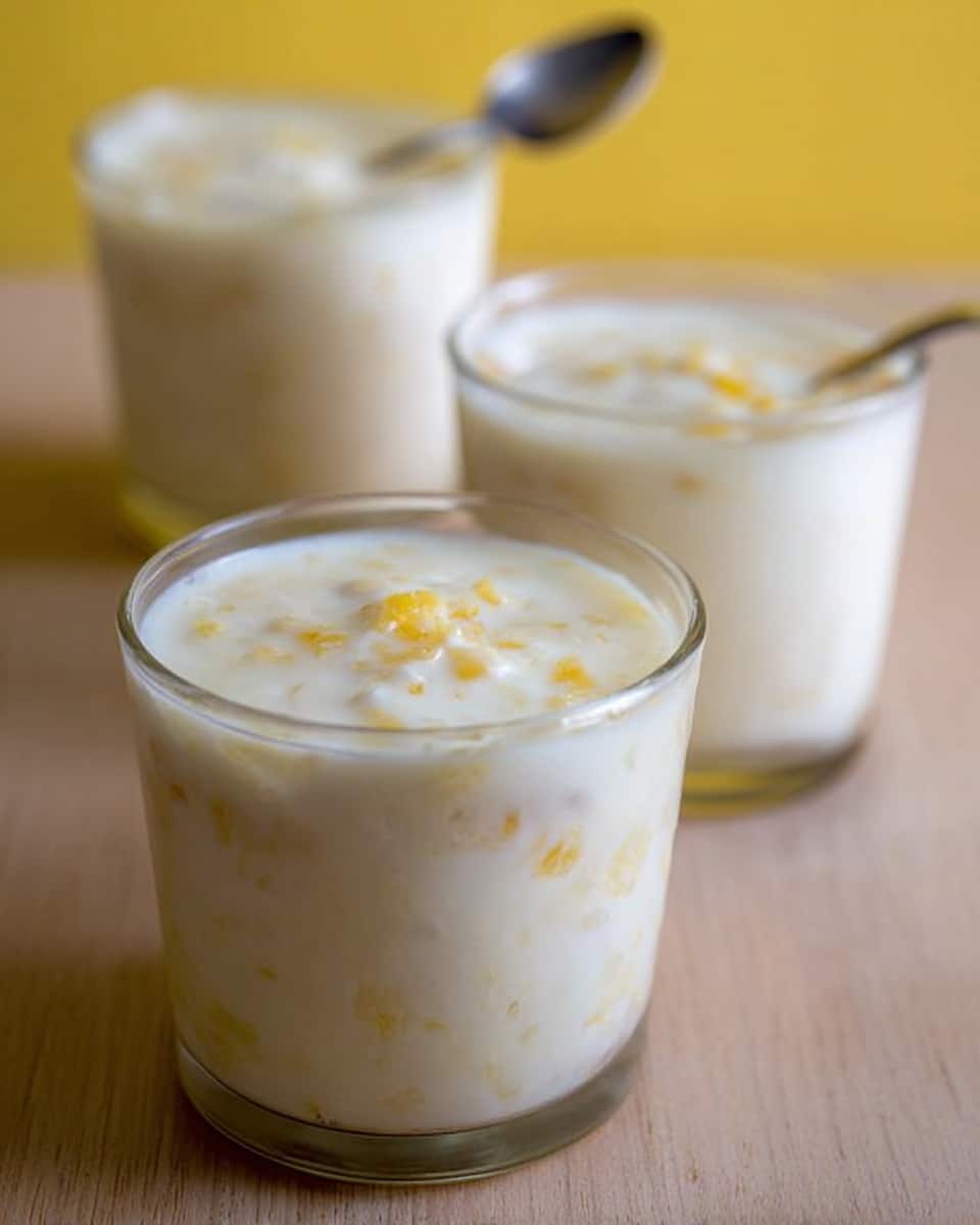 The image shows three small, clear glass bowls filled with a creamy white dessert with small yellow bits mixed inside. The bowls are placed close together on a smooth wooden surface, with one bowl in the front and two slightly blurred in the back. A small spoon rests on one of the back bowls. The dessert looks soft and smooth with a thick texture, showing a mix of white and yellow colors. The background is a soft, warm yellow, and the photo has a shallow focus on the front bowl. Photo taken with an iphone --ar 4:5 --v 7