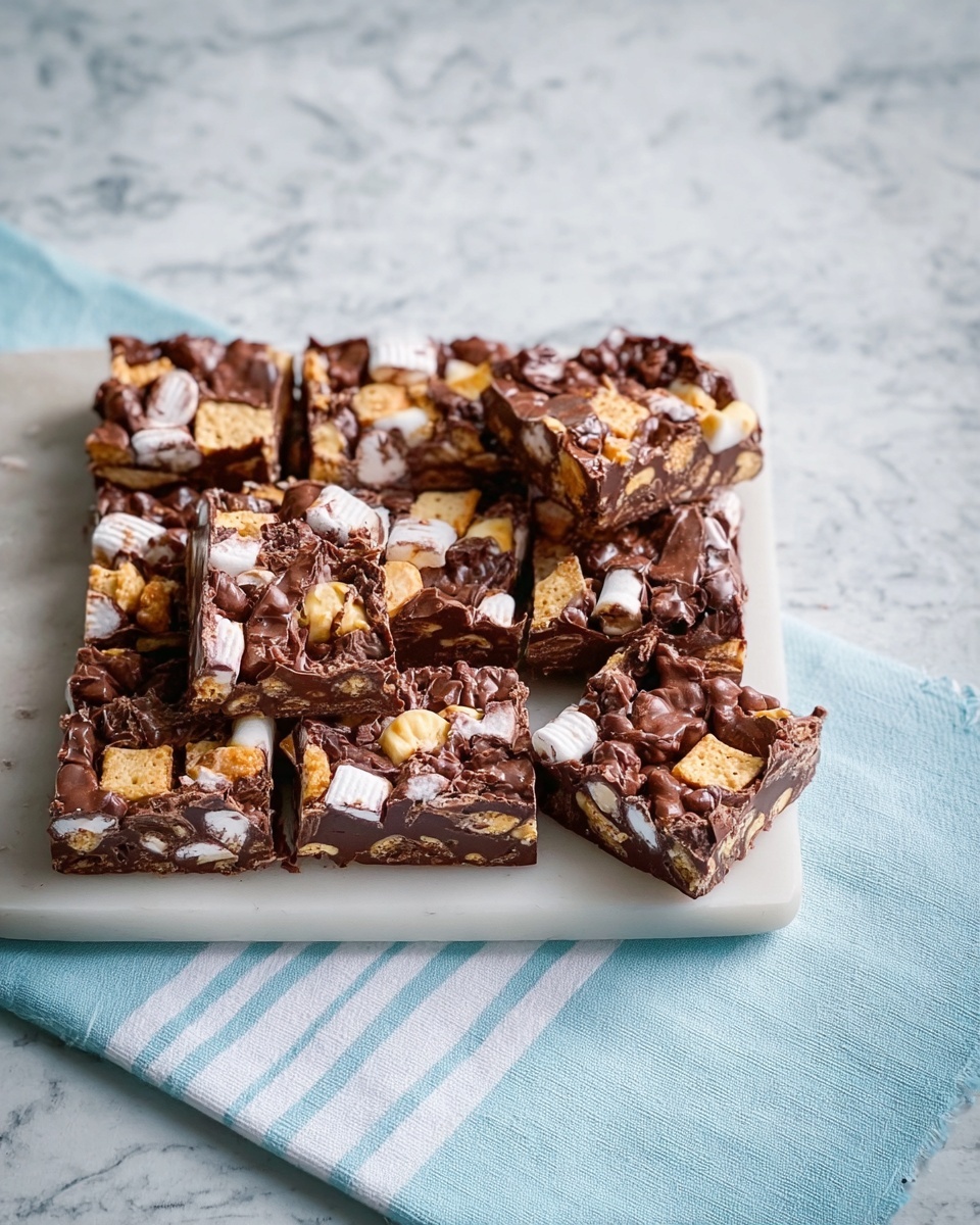 A white square plate holds eleven square pieces of rocky road chocolate bars. Each bar has a thick, dark brown chocolate layer, mixed with light beige biscuit chunks, small white and pink marshmallows, and some caramel-colored bits scattered on top. The texture looks rough and chunky, with a shiny chocolate coating covering the whole surface. The plate is set on a white marbled surface that blends into a blue and white striped cloth on the right side. Photo taken with an iphone --ar 4:5 --v 7