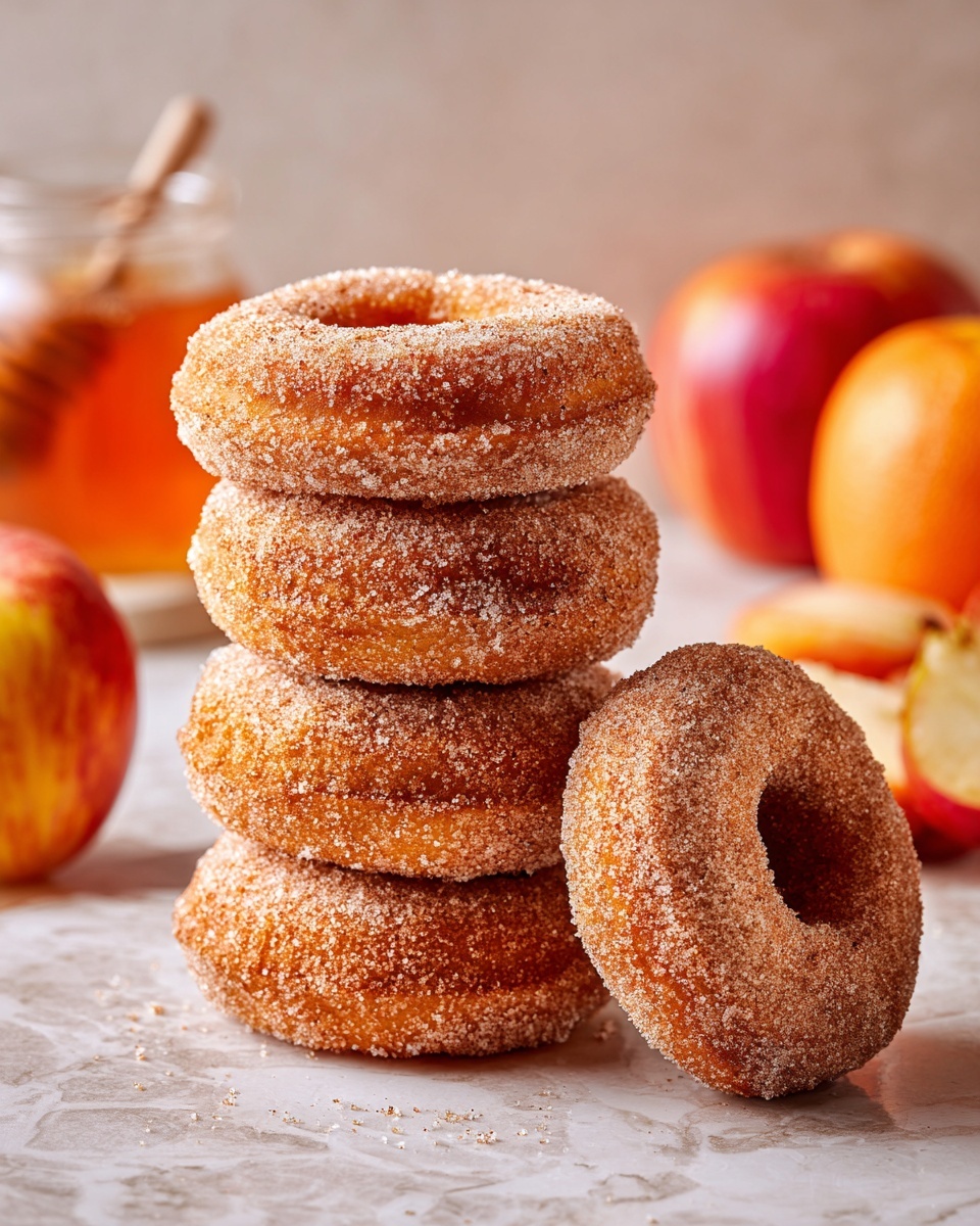 A stack of six round sugar-coated doughnuts is shown on a white marbled surface. The doughnuts have a light golden brown color with a sugary texture covering the outer layer. One doughnut on top has a bite taken out, showing a soft, airy white inside. Behind the stack, there is a blurred red apple, a yellow apple, a blurred orange cup, and a container of light brown liquid. There are also some autumn leaves scattered near the doughnuts. photo taken with an iphone --ar 4:5 --v 7