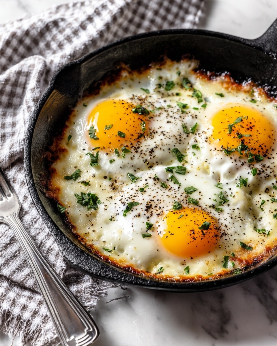 A black pan filled with three cooked eggs showing white and soft light yellow yolks sitting on a creamy, slightly browned base. The top has small sprinkles of black pepper and scattered green herb leaves. The pan rests on a white marbled surface with a white and blue checkered cloth and silver fork beside it. Photo taken with an iphone --ar 4:5 --v 7