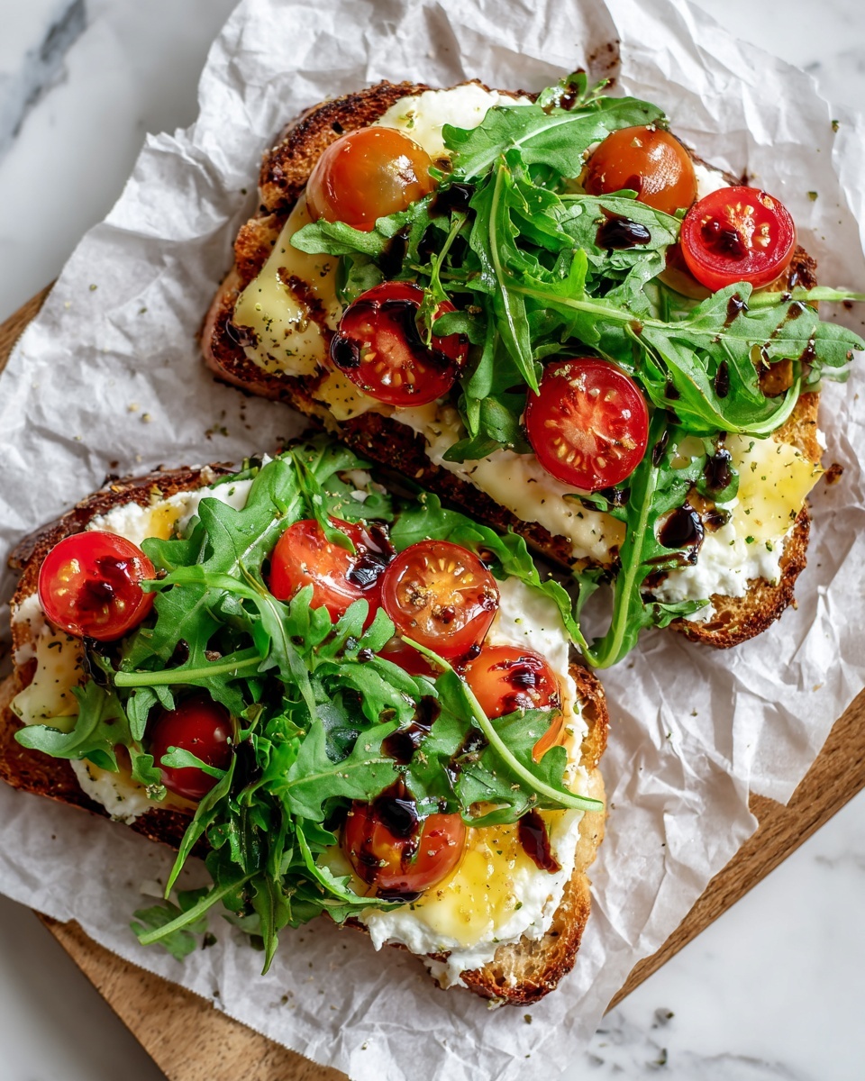 Two open-faced toasts rest on crinkled white parchment paper over a wooden board placed on a white marbled surface. Each slice of golden-brown toasted bread has a first layer of white cheese spread evenly. On top of the cheese, there is a layer of melted white cheese with a smooth texture. Fresh green arugula leaves are scattered freely over the melted cheese, adding a leafy texture. Bright red cherry tomato halves are spread over the arugula, adding vibrant color and round shapes. The toasts are finished with a drizzle of thick dark balsamic glaze, creating contrast over the green and red layers. photo taken with an iphone --ar 4:5 --v 7