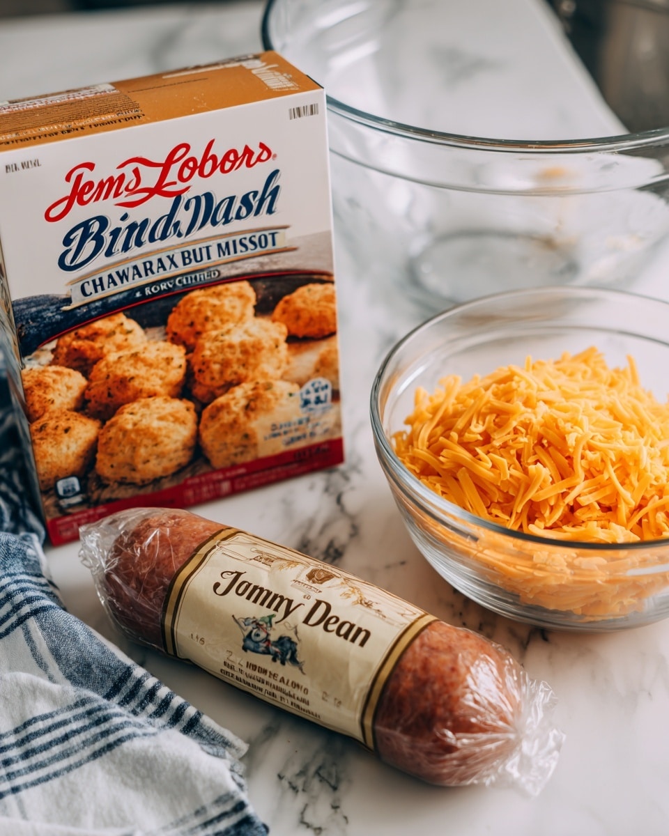 The image shows three main items on a white marbled surface: on the left, a box of Red Lobster cheddar bay biscuit mix with a picture of golden, round biscuits; in the center front, a packaged cylindrical sausage wrapped in gold and cream-colored paper labeled
