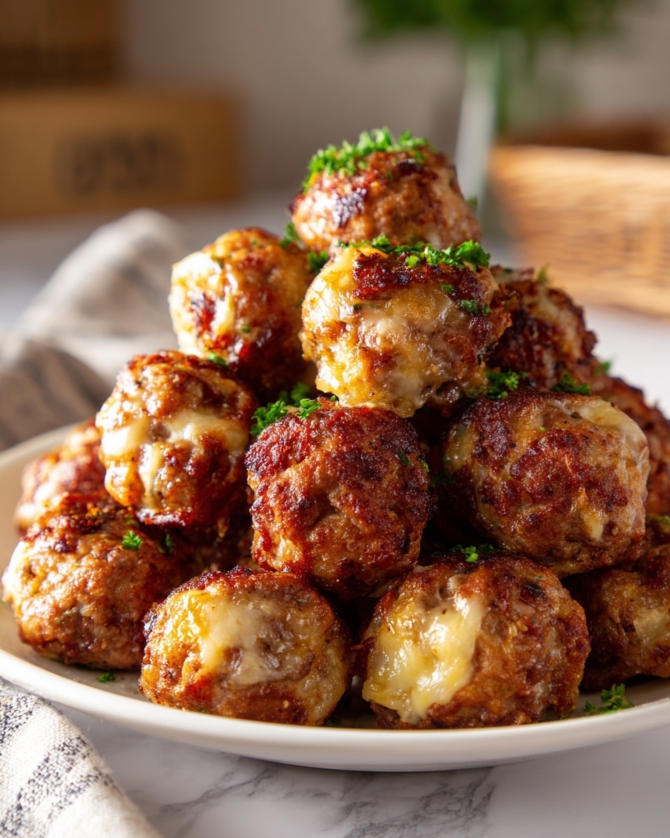 A pile of round, golden brown sausage balls stacked on a white plate, each ball showing a rough, crumbly texture with small orange cheese bits and crumbled sausage mixed throughout. The sausage balls look crispy on the outside and slightly soft inside, with some lighter and darker brown patches adding to their rustic feel. The plate sits on a white marbled surface with a blurred background, giving focus to the warm, inviting sausage balls. photo taken with an iphone --ar 4:5 --v 7
