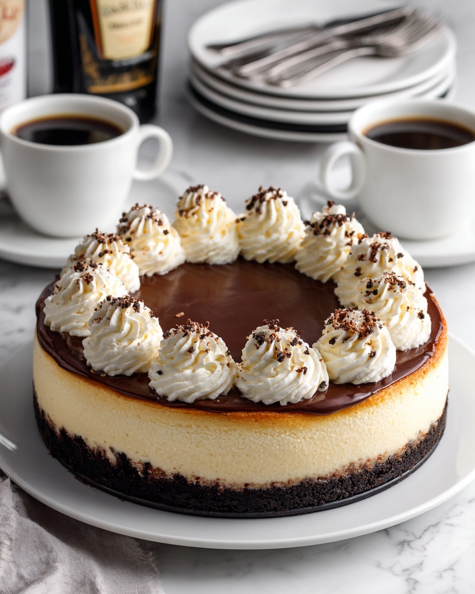 A three-layer cheesecake sits on a white plate over a white marbled surface. The bottom layer is a dark, crumbly crust with a rough texture. Above it is a thick, smooth, pale yellow cream cheese layer. The top layer is a shiny, dark chocolate glaze covering the cream layer. On the chocolate, there are ten evenly spaced white whipped cream swirls, each sprinkled with small chocolate shavings. Behind the cheesecake, there is a black bottle with a label, two white mugs filled with dark coffee, and a stack of white plates with silver forks. Pieces of dark chocolate and a silver cake server are visible near the plate. Photo taken with an iphone --ar 4:5 --v 7