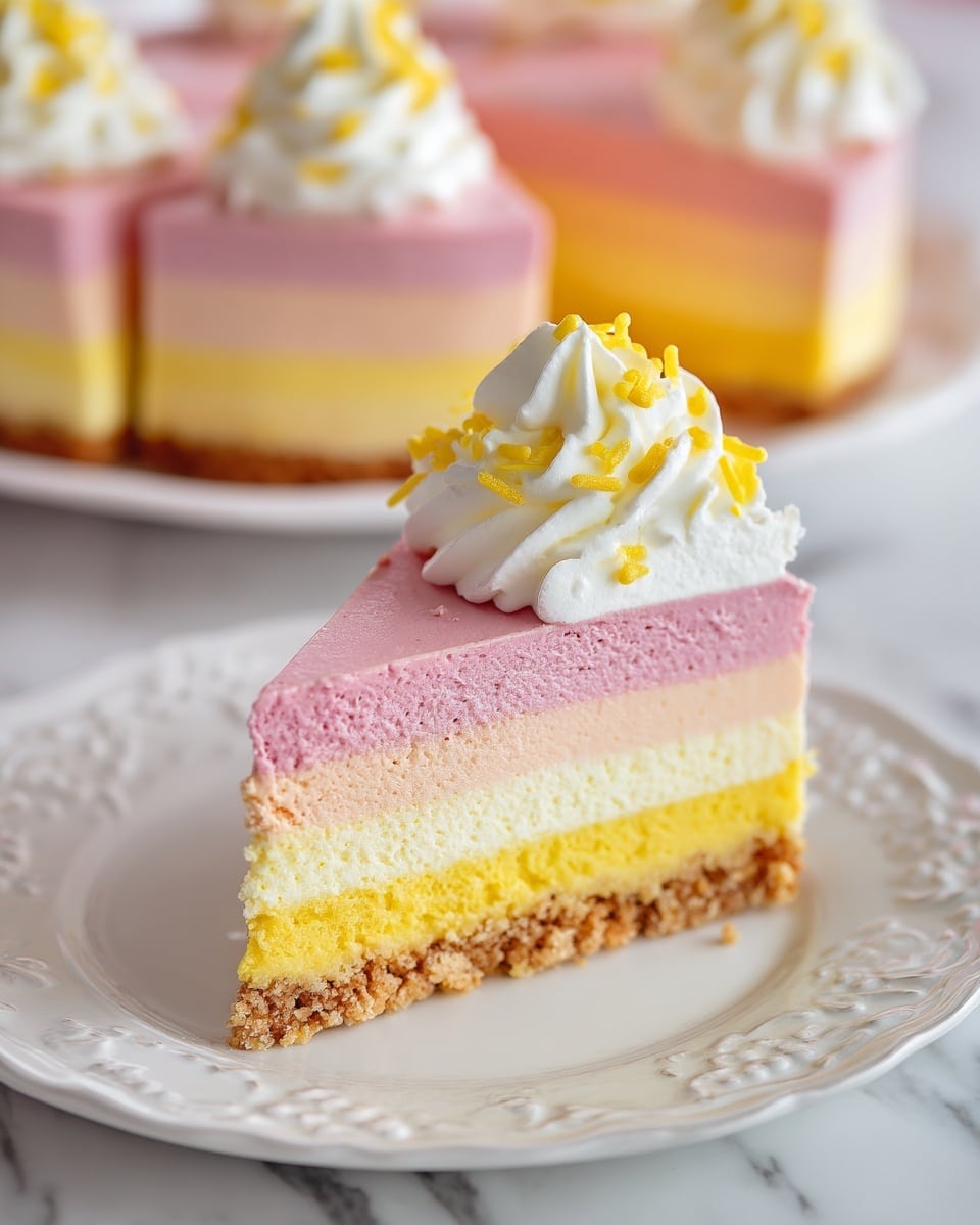 The image shows a slice of three-layered mousse cake with a crumbly brown base, a bottom layer of pink mousse, a middle layer of yellow mousse, and a top layer of light orange mousse. On top of the slice is a swirl of white whipped cream sprinkled with yellow crumbs. The slice sits on a white plate with faint decorative patterns and yellow crumbs scattered around. A woman's hand is holding a fork with a small piece of the cake near the right side of the plate. The background has a soft focus, showing the rest of the cake with the same layers on a black pan, and a white marbled surface underneath. Photo taken with an iphone --ar 4:5 --v 7