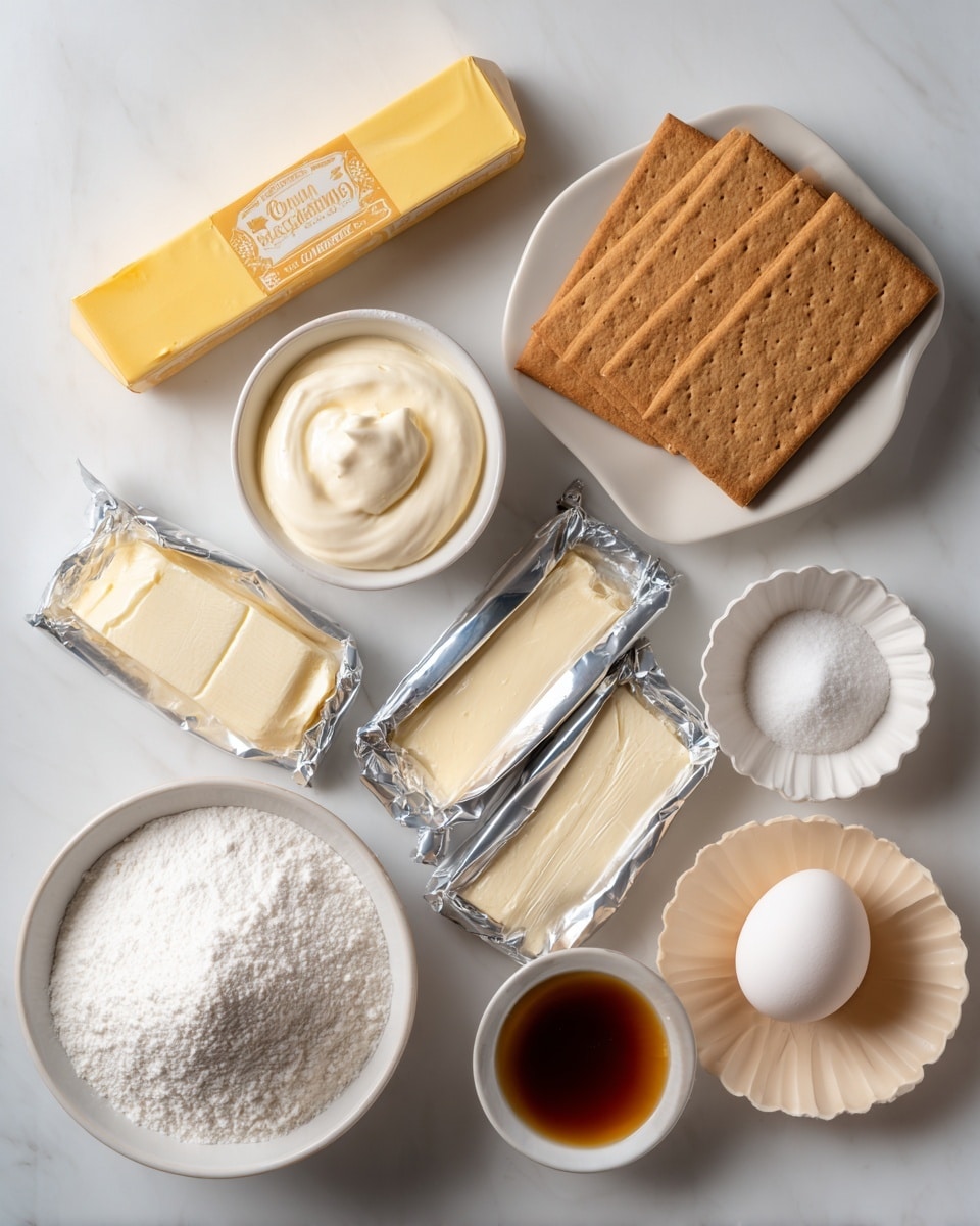 The image shows several baking ingredients arranged on a white marbled surface. There is a rectangular white plate holding four large, rectangular, light brown graham crackers stacked slightly overlapping in the top right. Next to it on the left, there is a small round white bowl filled with smooth white cream or frosting. Above that, a stick of yellow butter with a branded wrapper is placed horizontally. Below the bowl, two packs of cream cheese in silver foil are opened, showing the creamy off-white texture inside. At the bottom left, a white plate holds a mound of fine white sugar. Toward the bottom right, a small white bowl contains a dark brown liquid, possibly vanilla or syrup. Above this, there is a ruffled white ceramic dish holding two white eggs. Three round beige paper circles are near the eggs. The overall color palette is neutral with light tones and a clean, neat layout. photo taken with an iphone --ar 4:5 --v 7