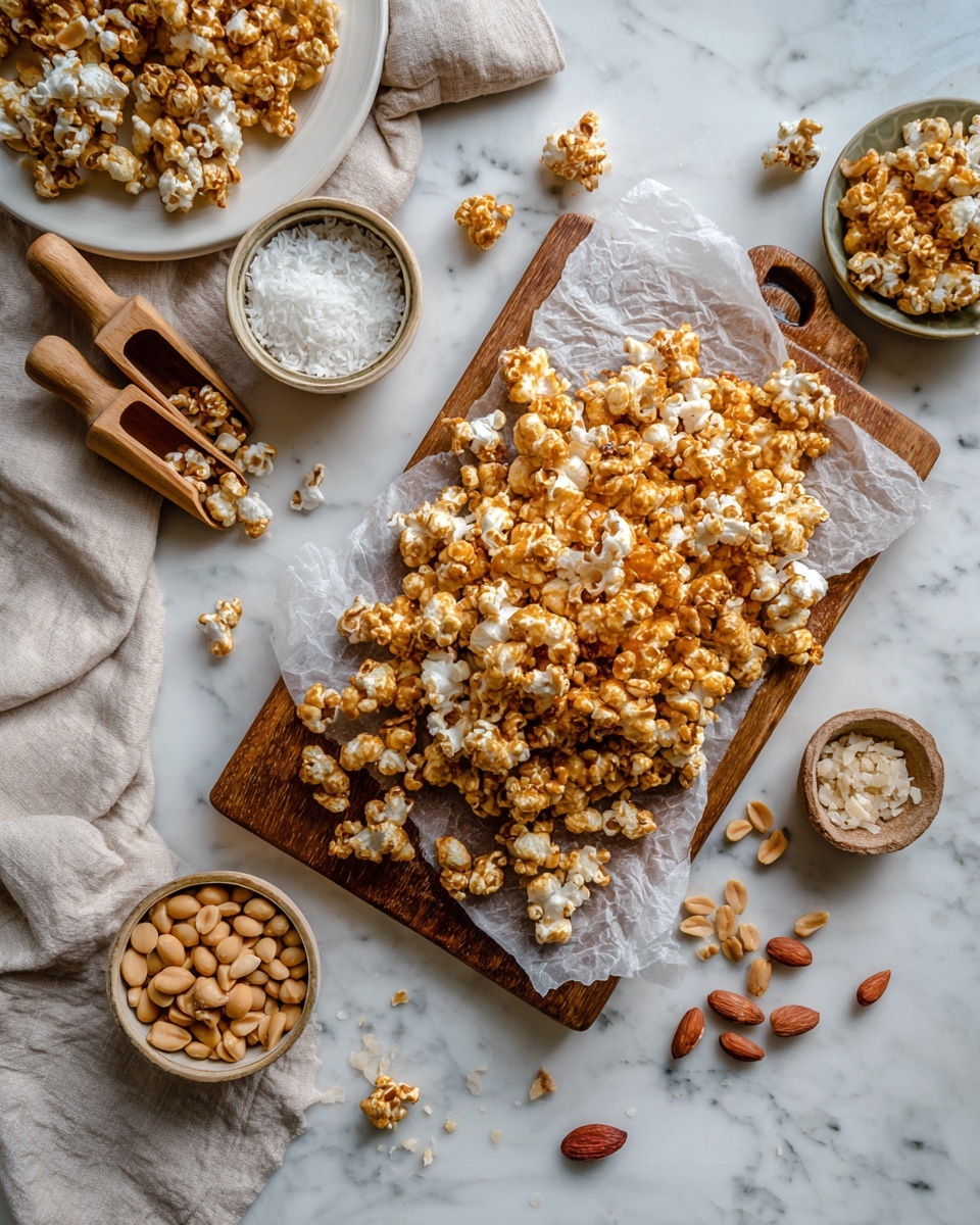 A wooden board with parchment paper holds a large pile of caramel-coated popcorn mixed with peanuts. The popcorn is golden brown and shiny with a sticky glaze. On the left side, a small white bowl contains coarse white salt flakes. To the right, a small dark bowl is filled with light tan peanuts. Scattered caramel popcorn and peanuts lie on the white marbled surface around the board. A small cup of caramel sauce with a spoon is at the bottom right corner. Woman's hand is not visible but the scene suggests a casual, inviting snack setup. photo taken with an iphone --ar 4:5 --v 7