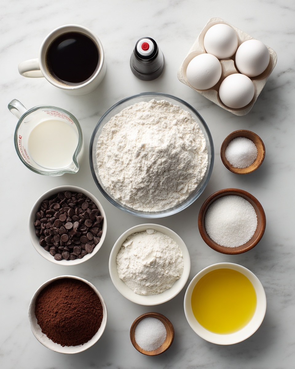 A flat lay of baking ingredients arranged neatly on a white marbled surface; a clear glass bowl in the center holds white flour, to the right top is a white dish with granulated sugar, next to it five white eggs rest in a white ceramic holder. Above the flour bowl is a small white bowl with water, and beside it, a black bottle with a red cap. On the left side of the flour bowl is a clear glass measuring cup filled with white milk, and above it is a clear glass mug with dark coffee. To the right of the flour bowl, there are three small wooden bowls lined vertically, filled with white powder, salt, and another white powder respectively. Below the flour bowl, a white bowl is filled with dark chocolate chips, and to its left is another white bowl with brown cocoa powder. Below these, a white bowl with yellow oil and another white bowl with a white substance are placed side by side. Photo taken with an iphone --ar 4:5 --v 7