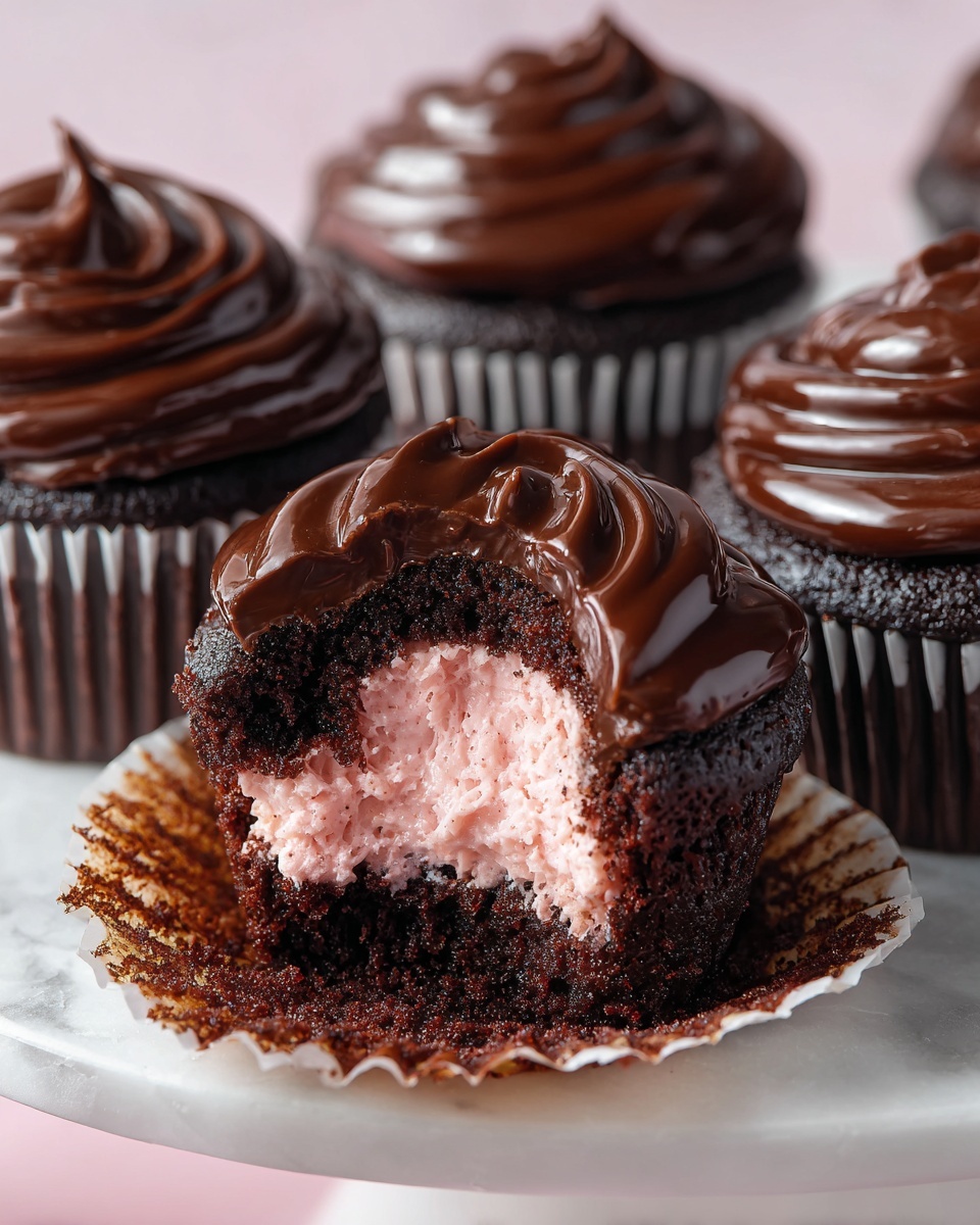 Four small dark brown chocolate cupcakes are placed on a round copper wire cooling rack over a white marbled surface. Each cupcake has a small swirl of light pink frosting in the center. Nearby, there is a white-handled knife with some pink frosting on its blade, and next to it is a piping bag filled with the same pink frosting with some frosting at the nozzle tip. At the bottom left corner, there are empty dark brown cupcake liners stacked together. Photo taken with an iphone --ar 4:5 --v 7