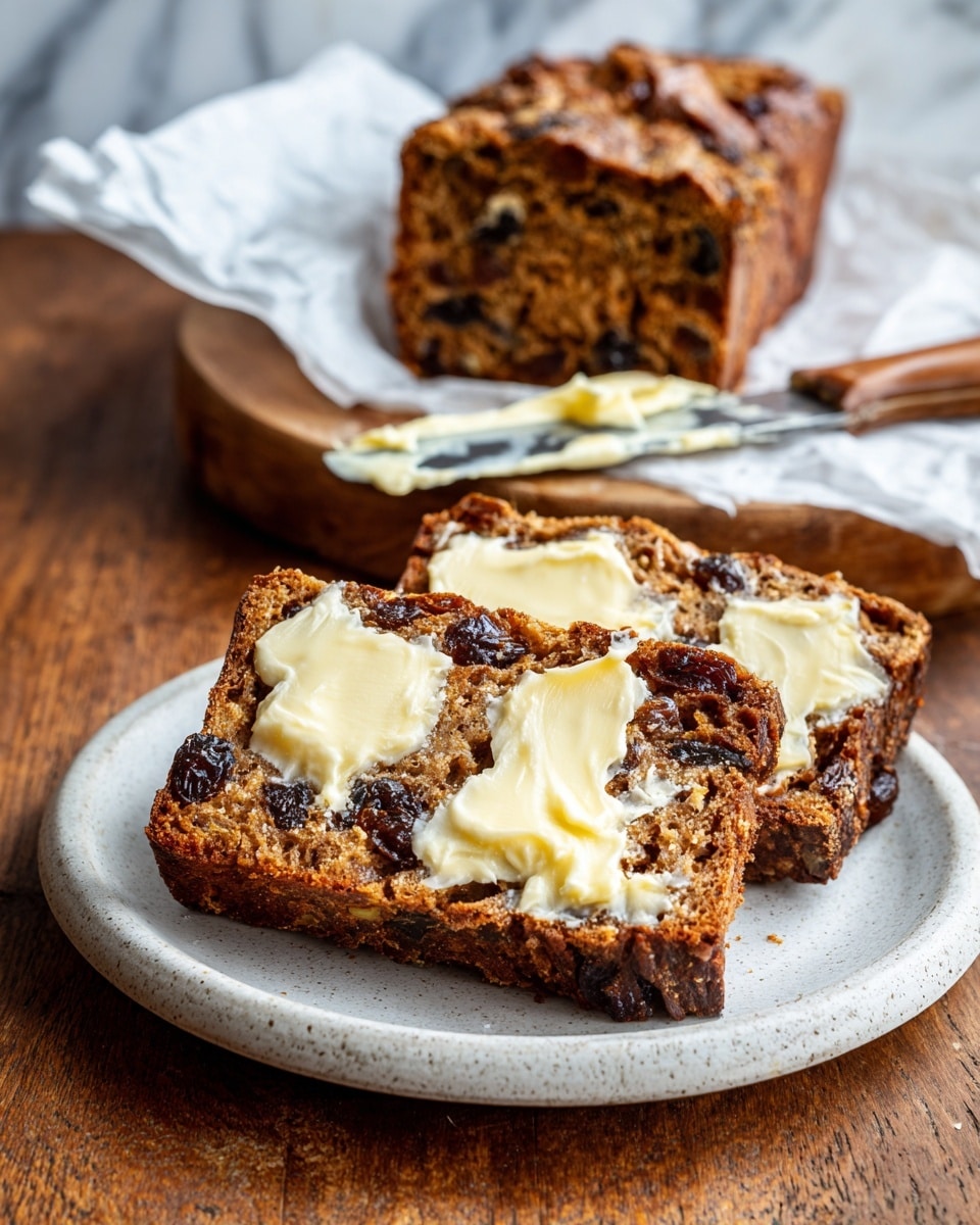 Two slices of dark brown fruit bread with a rough texture and visible dark raisins are spread with uneven patches of yellowish butter on top. The slices are placed overlapping each other on a white plate, which sits on a white marbled surface. A rustic knife with butter stuck on its blade rests diagonally beside the slices on the plate. In the background, a whole loaf of the same bread is partially visible on white parchment paper. Photo taken with an iphone --ar 4:5 --v 7