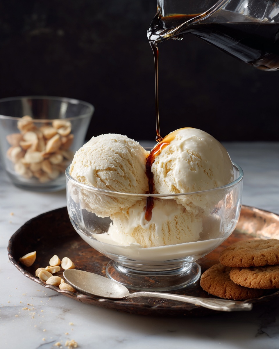 A clear glass cup contains one large scoop of pale yellow vanilla ice cream with a smooth texture, placed in the center. Dark brown espresso coffee is being poured over the ice cream from a light blue ceramic cup tilted above, creating a shiny coffee layer that flows down the ice cream and pools at the bottom of the glass. The glass is set on a white plate with a silver spoon resting on the plate’s edge. In the blurry background, another similar glass cup on a white plate is visible with the same ice cream and coffee layers. The scene is set on a white marbled textured table. Photo taken with an iphone --ar 4:5 --v 7