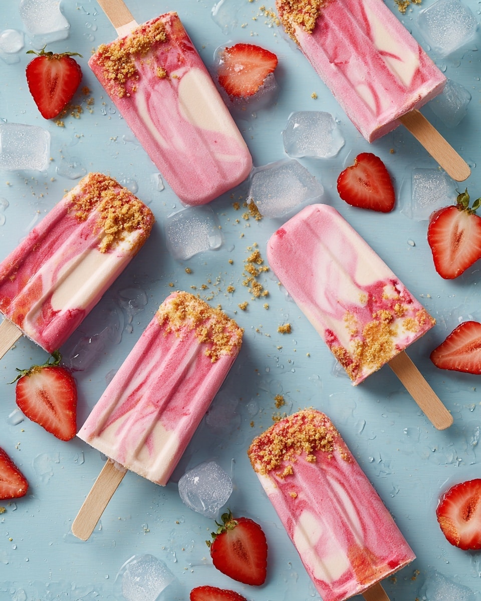The image shows six pink popsicles with wooden sticks on a light blue textured surface. Three popsicles have a smooth ribbed pattern and a yellow crumbly topping on one end, while the other three have geometric triangular patterns with pieces of red fruit inside and a light dusting of the same yellow crumbs on top. Scattered among the popsicles are ice cubes and fresh, halved strawberries with visible seeds, adding bright red accents to the scene. The whole setting looks cold and refreshing. Photo taken with an iphone --ar 4:5 --v 7