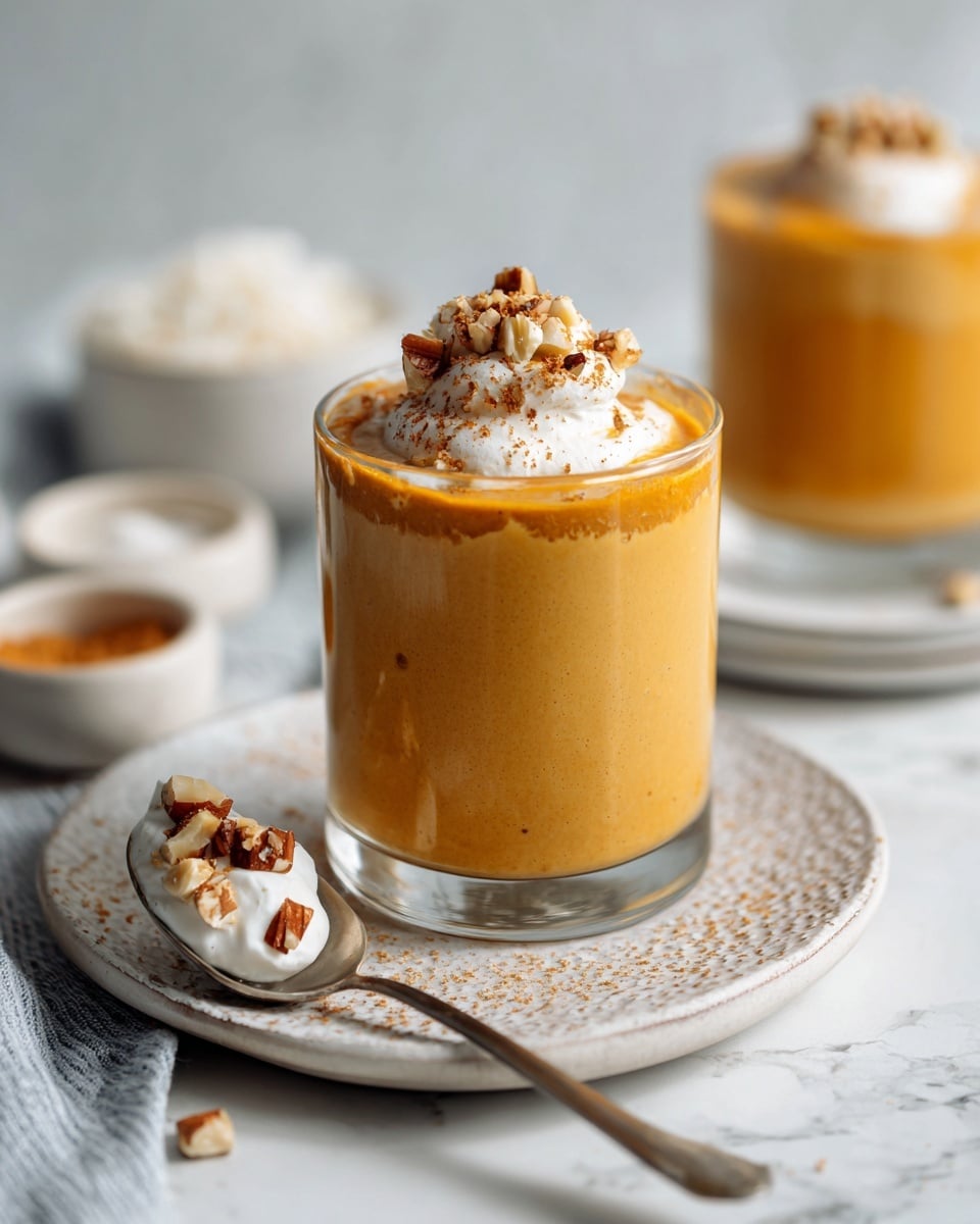 A clear glass dessert cup holds two layers: a thick, smooth orange layer on the bottom and a white dollop of cream on top, sprinkled with small brown nut pieces. The glass sits on a white textured plate with a matching smaller plate behind it, both on a white marbled surface. A silver spoon with a small amount of the orange layer and white cream is placed next to the glass on the plate. In the background, there are small white dishes holding white shreds and brown powder. Photo taken with an iphone --ar 4:5 --v 7