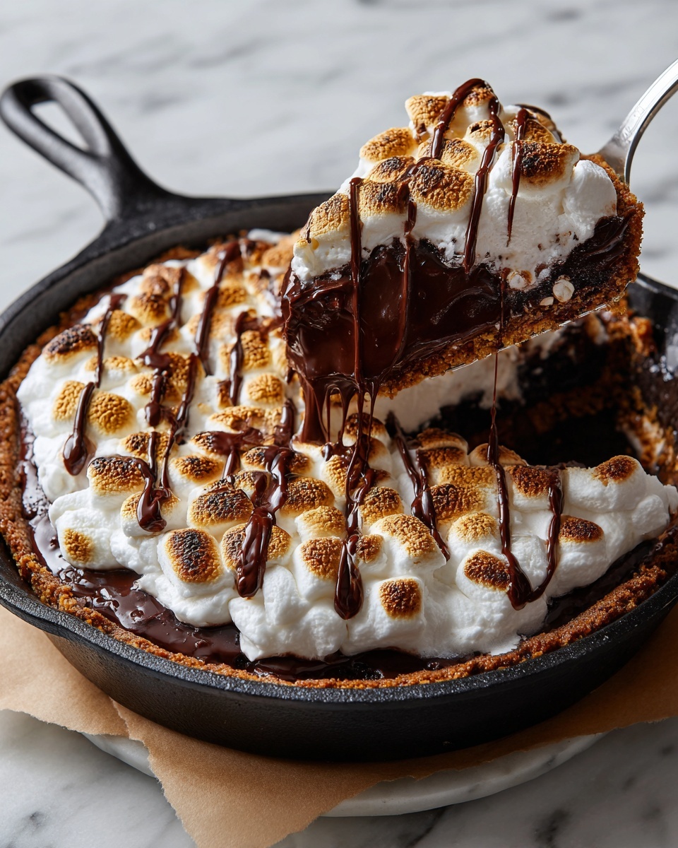 A close-up of a spoon holding a thick piece of dessert with three visible layers: the bottom layer is a light golden brown cookie dough mixed with dark melted chocolate chunks, the middle layer shows rich creamy milk chocolate partially melted, and the top layer features two large toasted marshmallows with a browned, slightly crispy exterior and soft white inside, some chocolate is dripping down from the marshmallows, the background is blurred with a dark tone, and the dessert is held above a dark surface replaced with a white marbled texture photo taken with an iphone --ar 4:5 --v 7