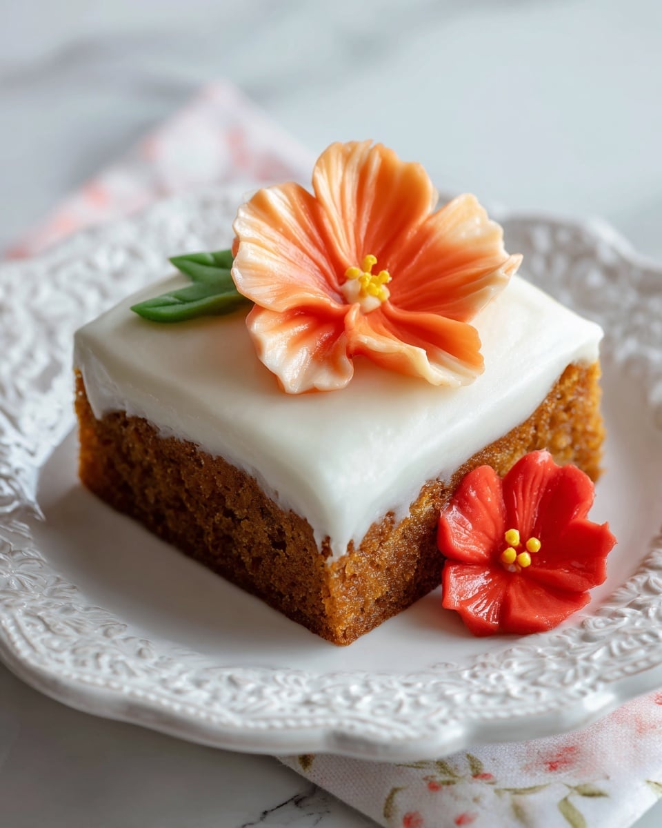 A rectangular cake with white frosting sits inside a transparent container with a dark blue handle and edges. The cake is decorated with colorful flower frosting in shades of orange, red, and purple placed on top. A piece of the cake is on a white plate with a silver fork, showing a light brown spongy layer underneath the white frosting, also decorated with small orange and red frosting flowers on the side. A woman's hand is reaching to lift the container lid, and the whole scene is set on a white marbled surface with a white brick wall background. photo taken with an iphone --ar 4:5 --v 7