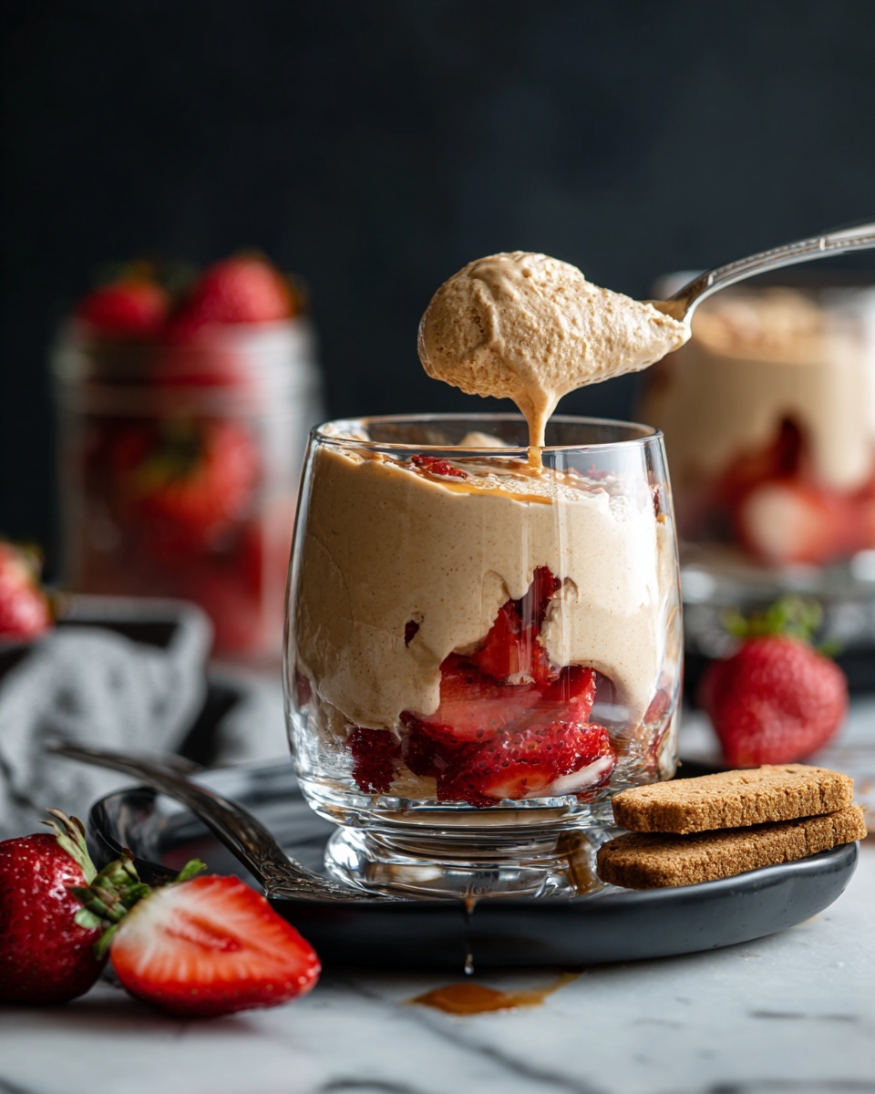A small clear glass jar filled with three layers of bright red and light pink strawberry pieces, slightly shiny from juice, with a silver spoon standing upright in the jar's center. In the blurred background, there are two empty clear glass goblets, each with a strawberry inside, set on a white marbled surface. The image is bright with natural light, focused on the jar of strawberries. photo taken with an iphone --ar 4:5 --v 7