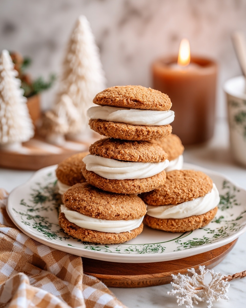 A stack of eight sandwich cookies is placed on a white plate with a green floral pattern, which sits on a wooden board over a beige and white checkered cloth. Each cookie has two light brown, soft textured layers with a thick, smooth white cream filling in the middle. In the background, to the left, there is a glass candle lit with a soft orange glow, and two white ceramic Christmas trees with small cutout windows lit from inside. The surface beneath all items is a white marbled texture. photo taken with an iphone --ar 4:5 --v 7