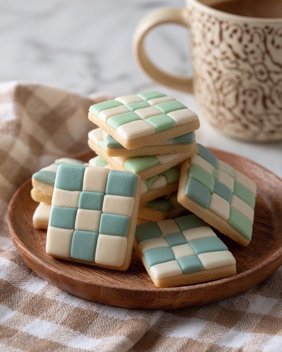 The image shows several square cookies with a checkered pattern of two colors, light beige and green, arranged on a round white plate. Each cookie has alternating small squares creating a neat checkerboard design across its single layer. The plate is placed on a light brown and white checkered cloth, set on a white marbled surface. In the background, part of a container with a textured pattern is visible. Photo taken with an iphone --ar 4:5 --v 7