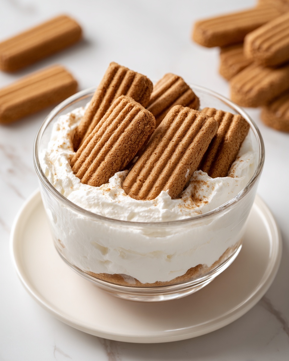 A clear glass bowl sits on a white plate, filled with a thick white creamy layer. On top, there are ten long, ridged brown biscuits placed horizontally in two rows, with one biscuit standing vertically at the edge. The background is a smooth white marbled surface, and blurred brown biscuits are visible in the top right corner of the image. photo taken with an iphone --ar 4:5 --v 7