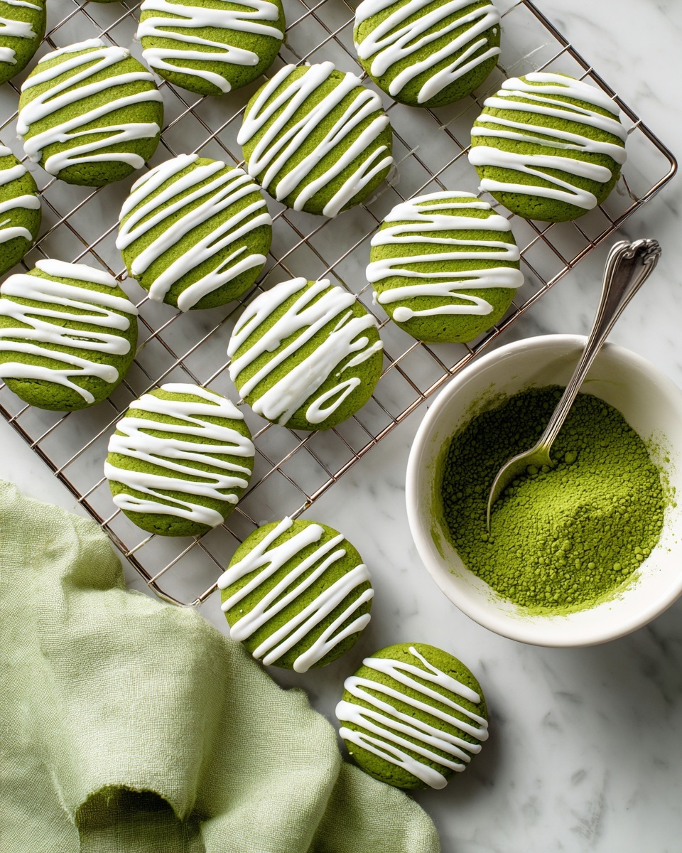 The image shows about twenty bright green cookies with a smooth but cracked texture, laid out on a silver cooling rack. Each cookie is topped with thin, uneven white icing drizzles across the surface. On the right side, there is a white bowl filled with finely ground green powder, with a spoon resting in it. The background is a white marbled texture with a light green cloth peeking from the lower left corner. The composition is bright and clear, highlighting the vibrant colors and different textures. photo taken with an iphone --ar 4:5 --v 7