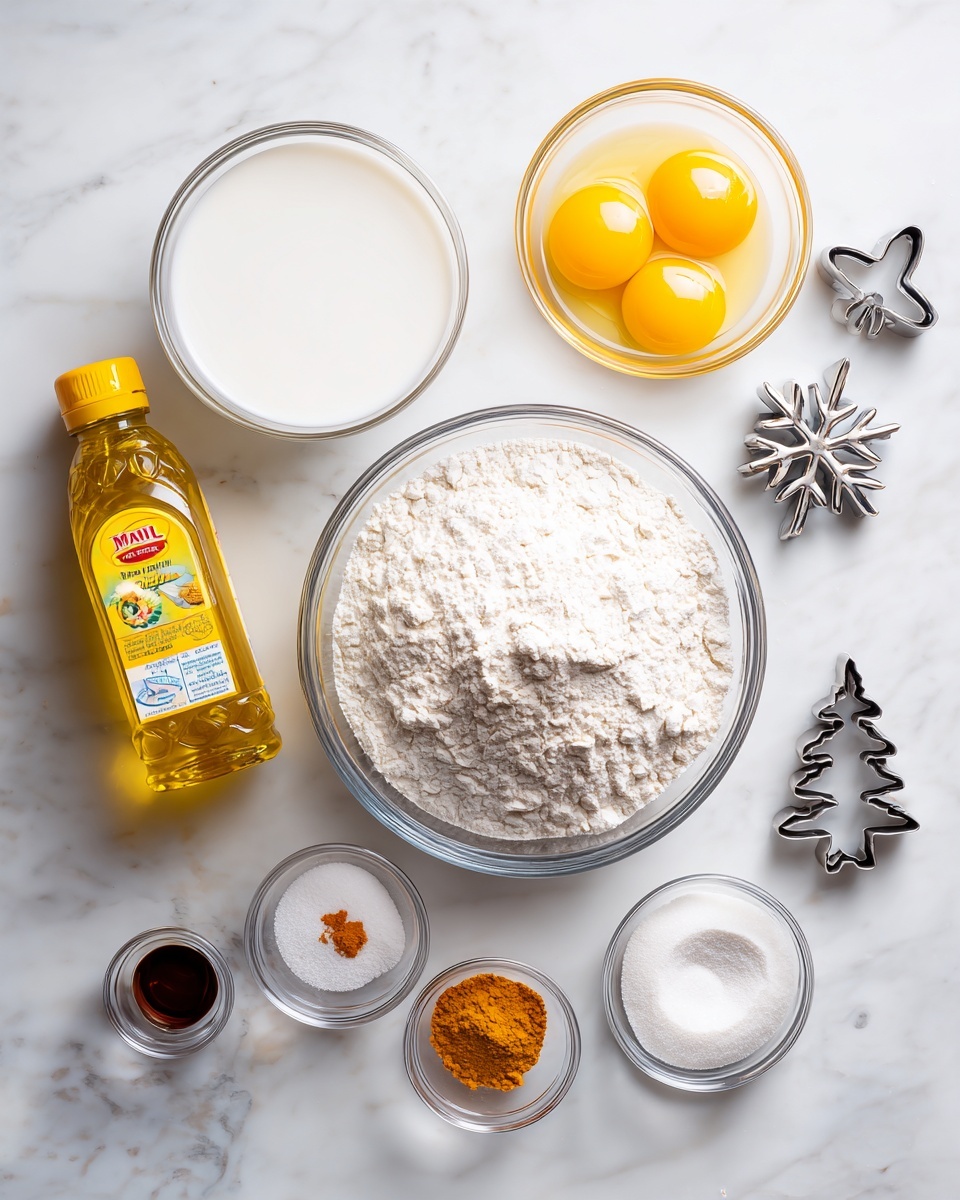 A set of baking ingredients is neatly arranged on a white marbled surface. There is a large clear glass bowl filled with white flour at the center. To its top right, a smaller clear bowl holds two raw eggs with bright yellow yolks. To the left of the flour bowl, there is a large clear bowl filled with white milk. Above this, a tall bottle of yellow safflower oil with a bright label is tilted at an angle. Below the flour bowl to the right are three small clear bowls: the top one has a small amount of orange spice, the middle one has salt, and the bottom one has white sugar. Near the bottom left corner, a tiny clear bowl contains dark brown vanilla extract. Around the bowls, there are metal cookie cutters in shapes of a snowflake, Christmas tree, and flower, all placed on the white marbled surface. Photo taken with an iphone --ar 4:5 --v 7